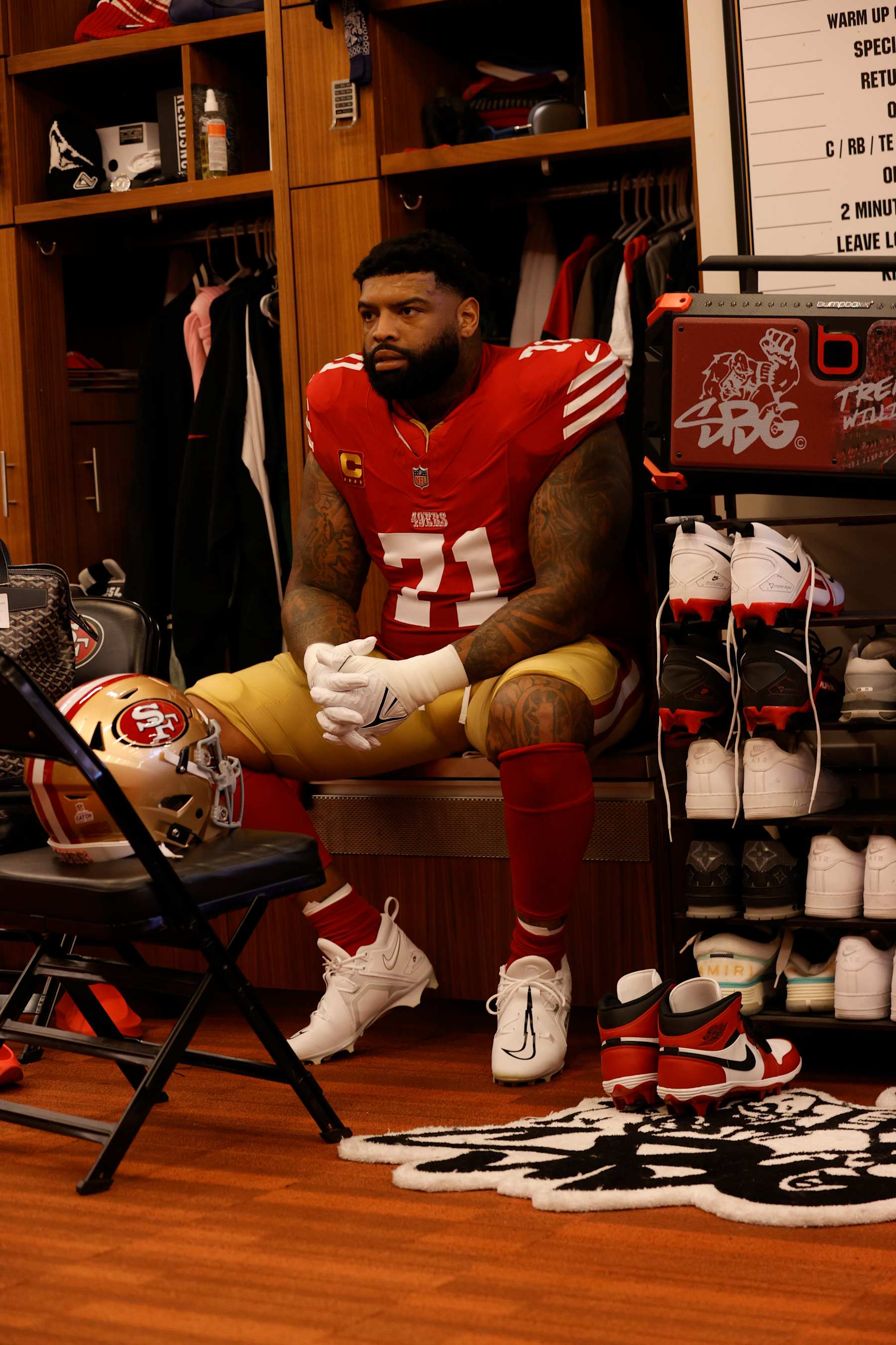 SANTA CLARA, CA - OCTOBER 20: Trent Williams #71 of the San Francisco 49ers in the locker room before the game against the Kansas City Chiefs at Levi's Stadium on October 20, 2024 in Santa Clara, California. The Chiefs defeated the 49ers 28-18. (Photo by Michael Zagaris/San Francisco 49ers/Getty Images)