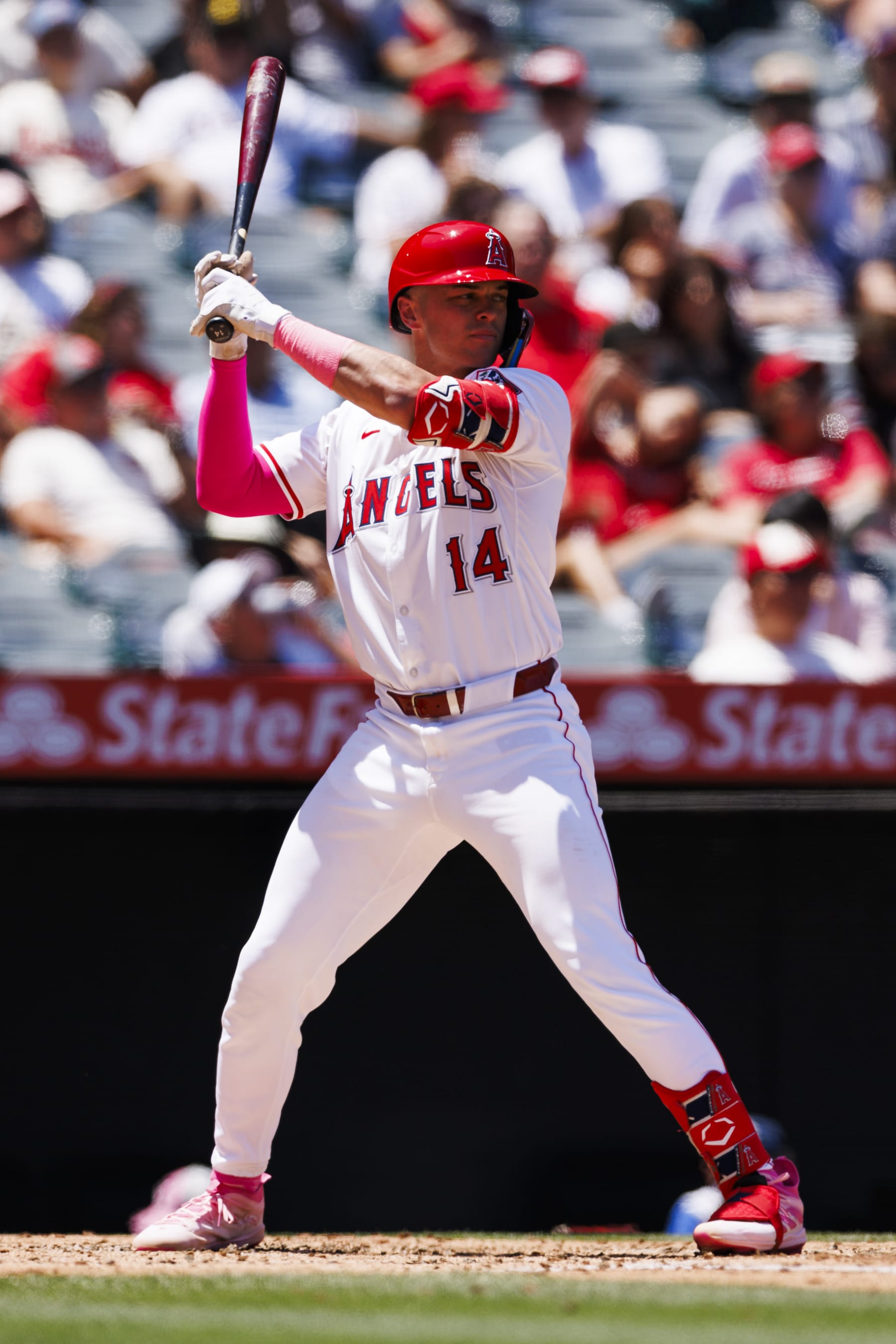 ANAHEIM, CA - MAY 12: Los Angeles Angels catcher Logan O'Hoppe (14) at bat during a MLB baseball game between the Kansas City Royals and the Los Angeles Angels on May 12, 2024 at Angel Stadium in Anaheim, CA. (Photo by Ric Tapia/Icon Sportswire via Getty Images)