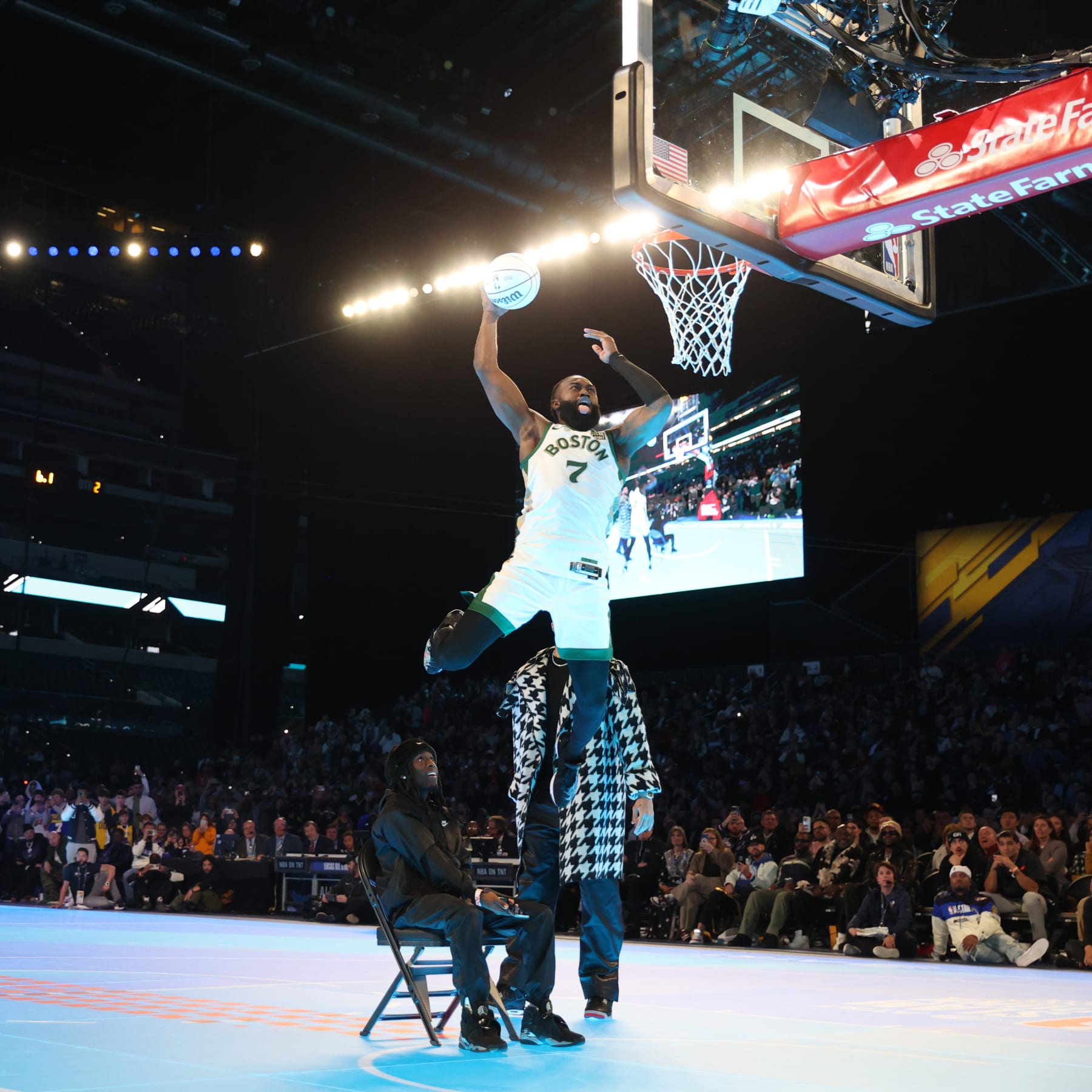 INDIANAPOLIS, IN - FEBRUARY 17: Jaylen Brown #7 of the Boston Celtics during the AT&T Slam Dunk Contest as a part of State Farm All-Star Saturday Night on Saturday, February 17, 2024 at Lucas Oil Stadium in Indianapolis, Indiana. NOTE TO USER: User expressly acknowledges and agrees that, by downloading and/or using this Photograph, user is consenting to the terms and conditions of the Getty Images License Agreement. Mandatory Copyright Notice: Copyright 2024 NBAE (Photo by Nathaniel S. Butler/NBAE via Getty Images)