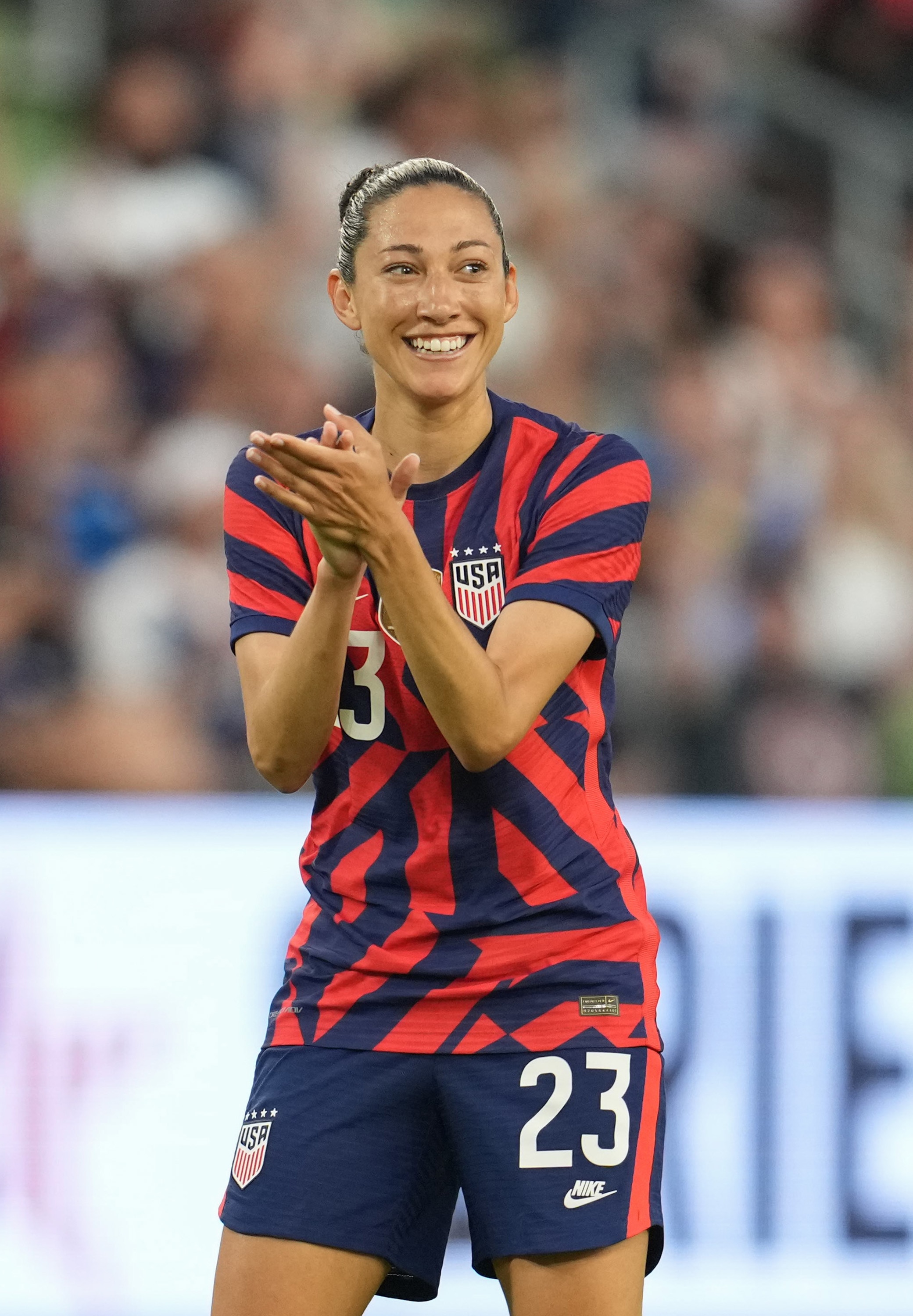 AUSTIN, TX - JUNE 16: Christen Press #23 of the United States psyching up her teammates during a game between Nigeria and USWNT at Q2 Stadium on June 16, 2021 in Austin, Texas. (Photo by Brad Smith/ISI Photos/Getty Images)