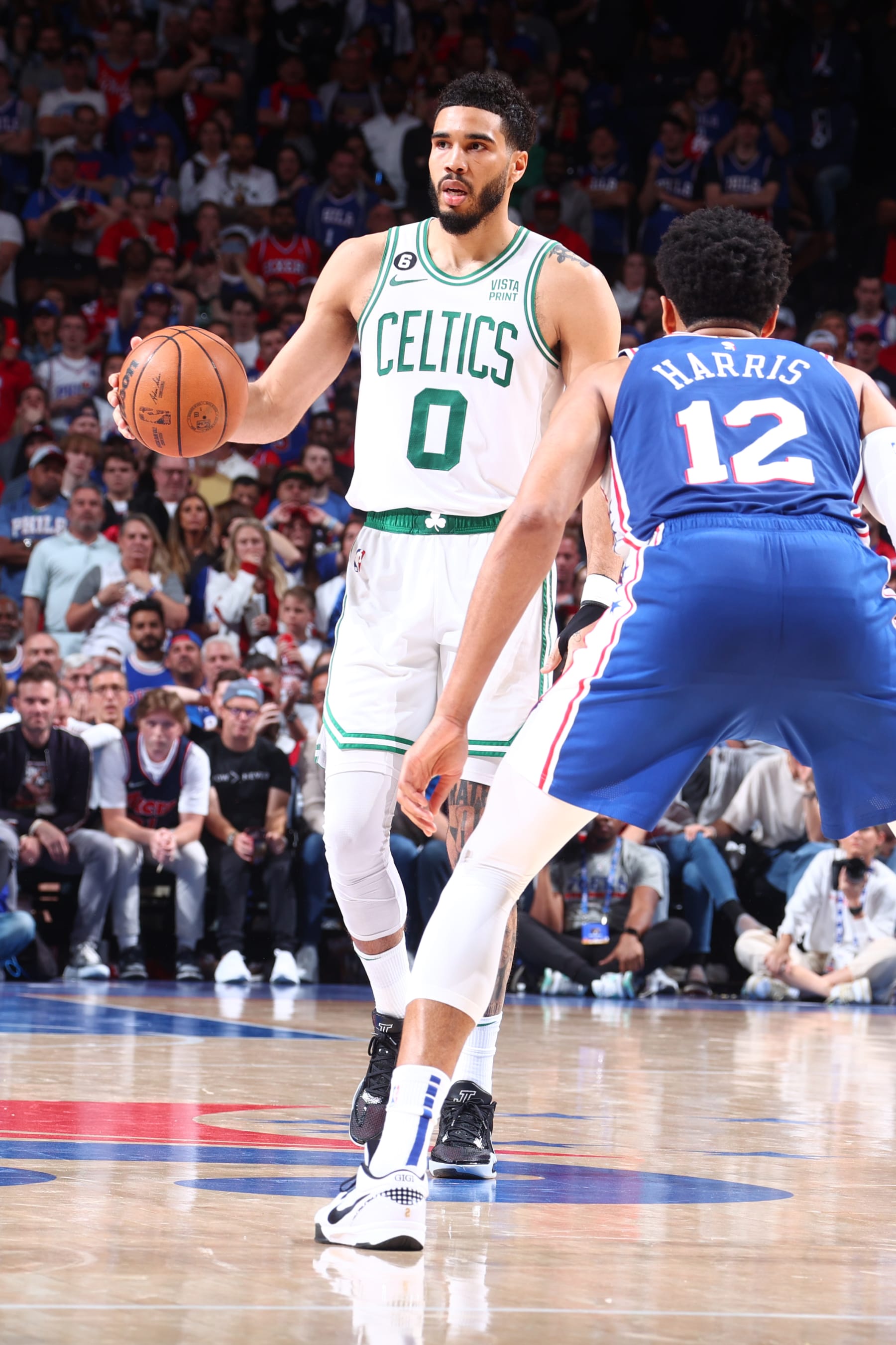 PHILADELPHIA, PA - MAY 11:  Jayson Tatum #0 of the Boston Celtics goes to the basket during the game during round two game six of the 2023 NBA Playoffs on on May 11, 2023 at the Wells Fargo Center in Philadelphia, Pennsylvania NOTE TO USER: User expressly acknowledges and agrees that, by downloading and/or using this Photograph, user is consenting to the terms and conditions of the Getty Images License Agreement. Mandatory Copyright Notice: Copyright 2023 NBAE (Photo by Nathaniel S. Butler/NBAE via Getty Images)