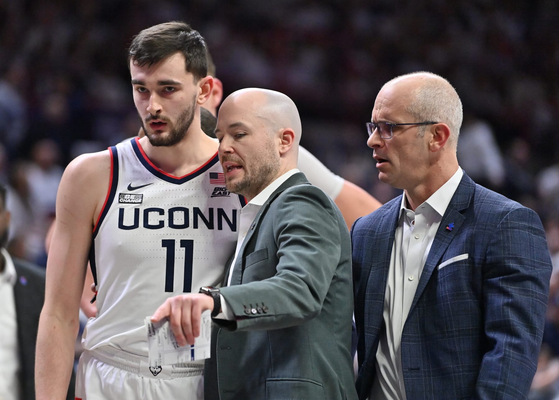 STORRS, CT - FEBRUARY 24: UConn Huskies assistant coach Luke Murray discusses a play with UConn Huskies forward Alex Karaban (11) during the game as the Villanova Wildcats take on the UConn Huskies on February 24, 2024 at the Gampel Pavilion in Storrs, CT (Photo by Williams Paul/Icon Sportswire via Getty Images)