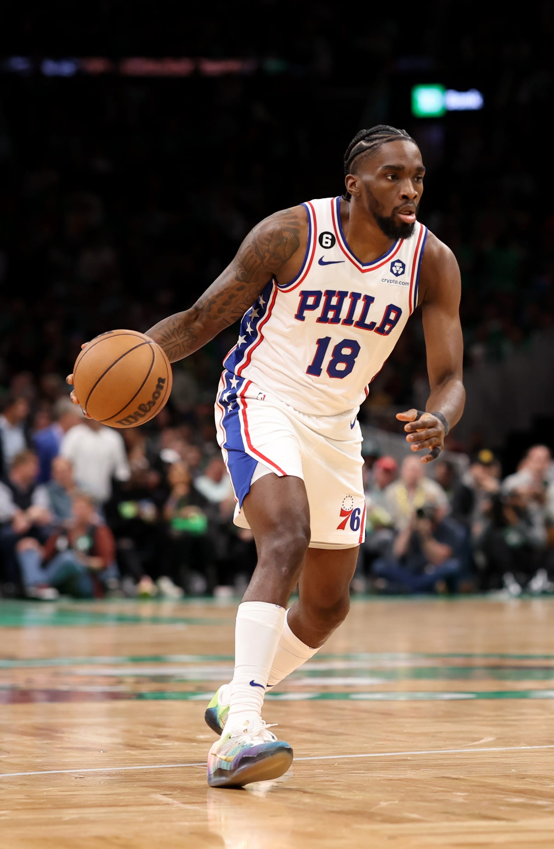 BOSTON, MASSACHUSETTS - MAY 03: Shake Milton #18 of the Philadelphia 76ers dribbles downcourt during the second half of game two of the Eastern Conference Second Round Playoffs against the Boston Celtics at TD Garden on May 03, 2023 in Boston, Massachusetts. The Celtics defeat the 76ers 121-87. NOTE TO USER: User expressly acknowledges and agrees that, by downloading and or using this photograph, User is consenting to the terms and conditions of the Getty Images License Agreement. (Photo by Maddie Meyer/Getty Images)