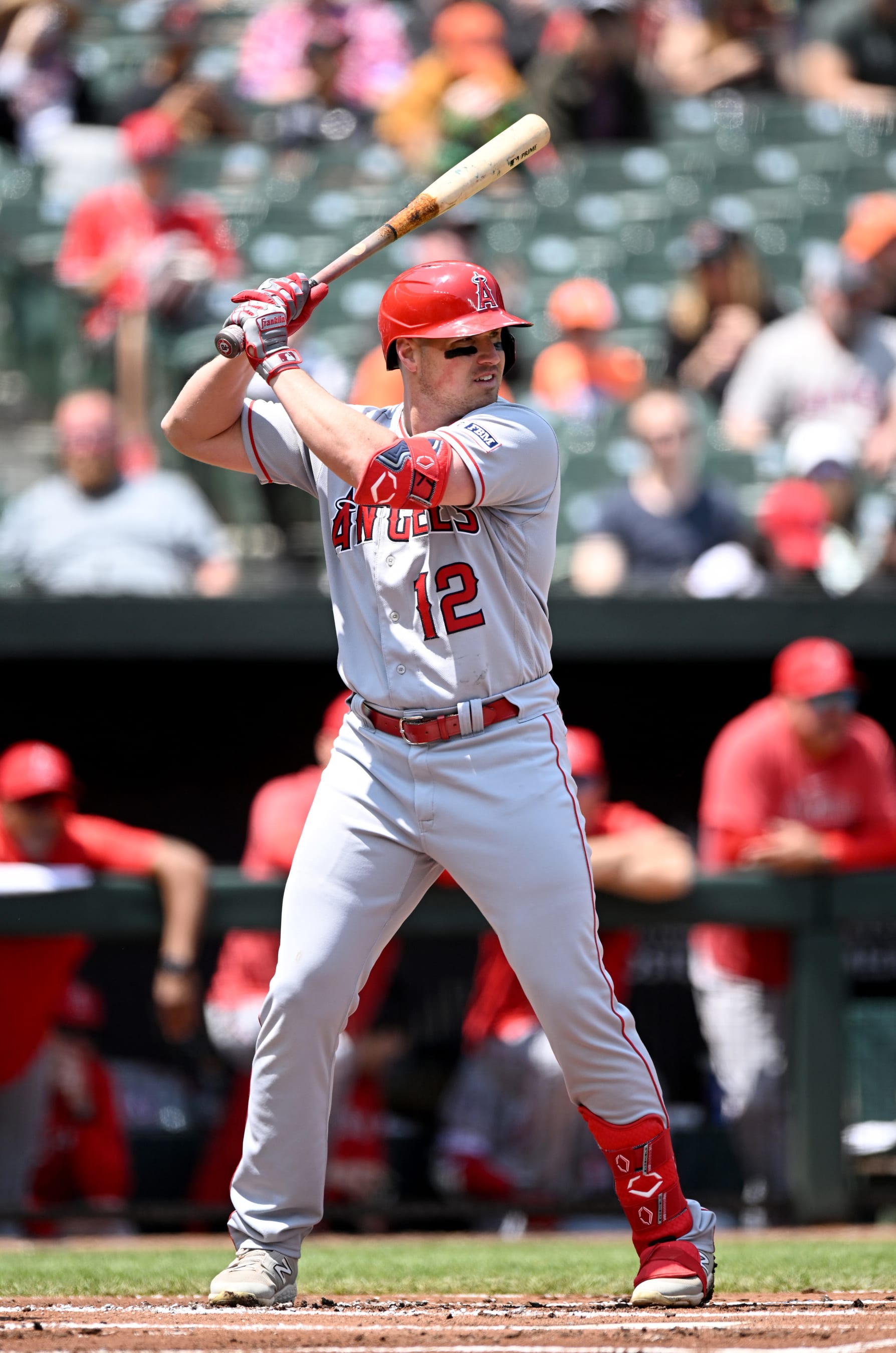 BALTIMORE, MARYLAND - MAY 18: Hunter Renfroe #12 of the Los Angeles Angels bats against the Baltimore Orioles at Oriole Park at Camden Yards on May 18, 2023 in Baltimore, Maryland. (Photo by G Fiume/Getty Images)