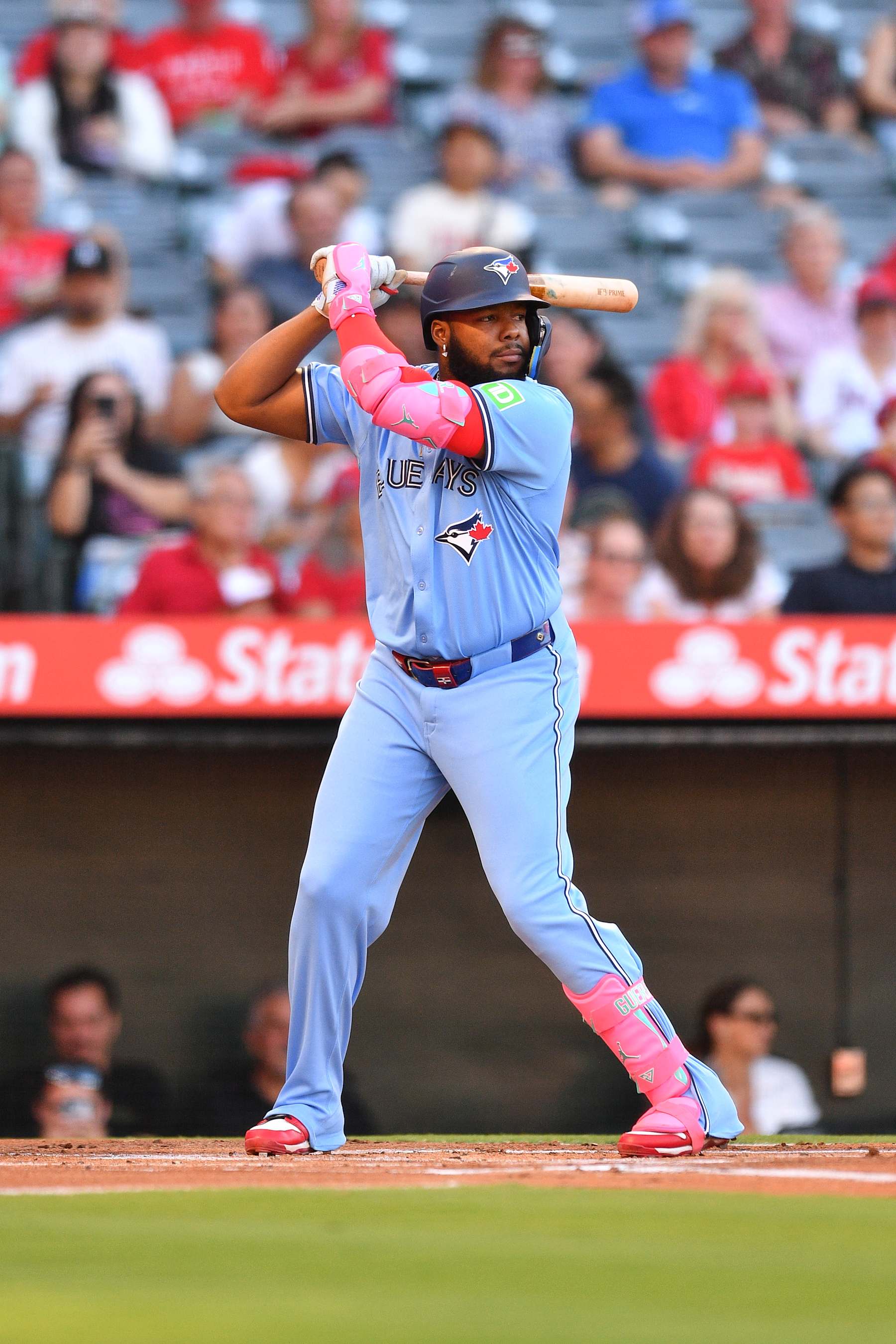 ANAHEIM, CA - AUGUST 13: Toronto Blue Jays first baseman Vladimir Guerrero Jr. (27) at bat during the MLB game between the Toronto Blue Jays and the Los Angeles Angels of Anaheim on August 13, 2024 at Angel Stadium of Anaheim in Anaheim, CA. (Photo by Brian Rothmuller/Icon Sportswire via Getty Images)