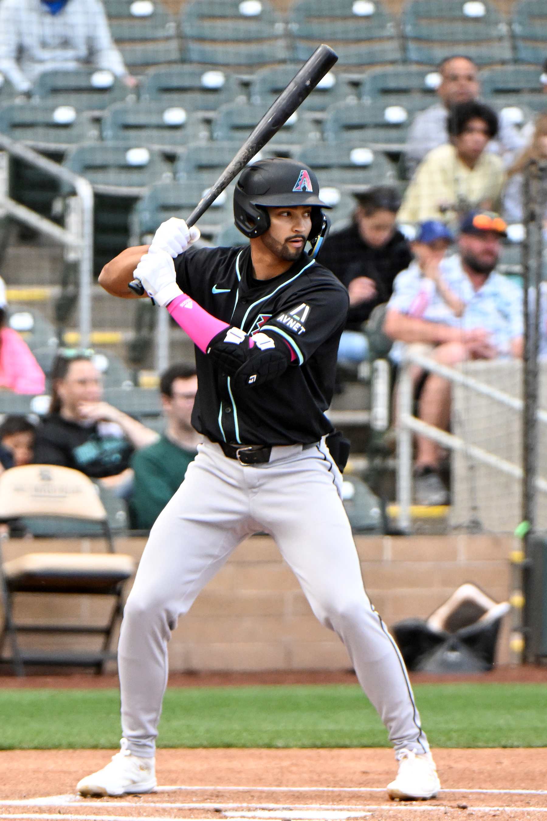 SCOTTSDALE, ARIZONA - MARCH 16, 2024: Jordan Lawlar #10 of the Arizona Diamondbacks bats during the first inning of a spring training Spring Breakout game against the Colorado Rockies at Salt River Fields at Talking Stick on March 16, 2024 in Scottsdale, Arizona. (Photo by David Durochik/Diamond Images via Getty Images)