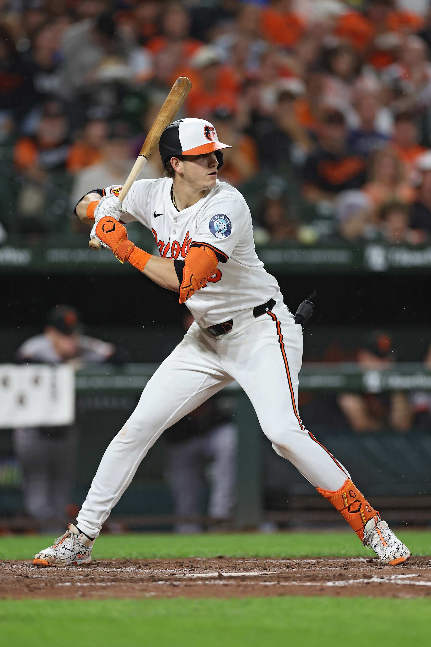 BALTIMORE, MARYLAND - SEPTEMBER 17: Coby Mayo #16 of the Baltimore Orioles bats against the San Francisco Giants at Oriole Park at Camden Yards on September 17, 2024 in Baltimore, Maryland. (Photo by Patrick Smith/Getty Images)