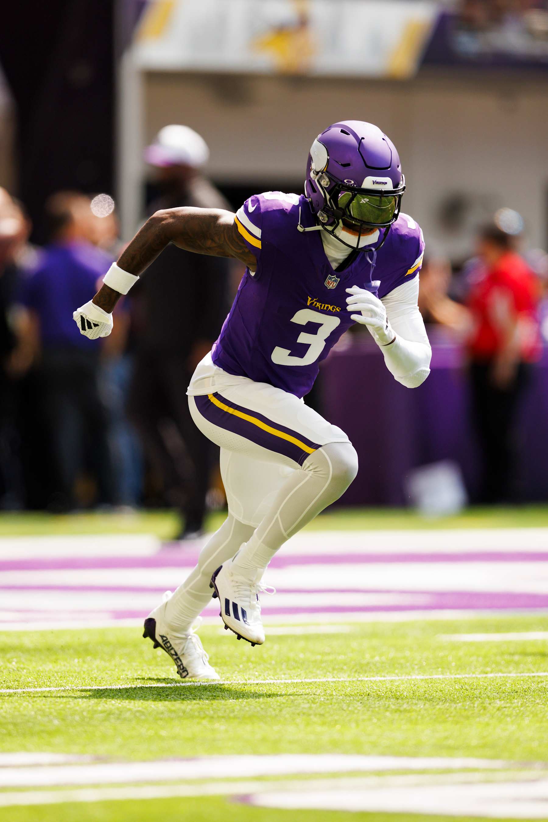 MINNEAPOLIS, MINNESOTA - AUGUST 10: Jordan Addison #3 of the Minnesota Vikings runs a route during a preseason game against the Las Vegas Raiders at U.S. Bank Stadium on August 10, 2024 in Minneapolis, Minnesota. (Photo by Ric Tapia/Getty Images)