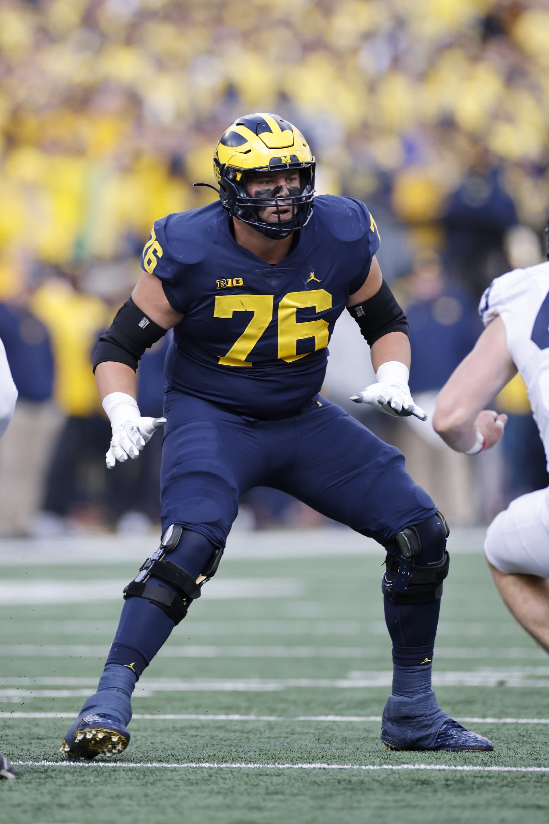 ANN ARBOR, MI - OCTOBER 15: Michigan Wolverines offensive lineman Ryan Hayes (76) blocks during a college football game against the Penn State Nittany Lions on October 15, 2022 at Michigan Stadium in Ann Arbor, Michigan. (Photo by Joe Robbins/Icon Sportswire via Getty Images)