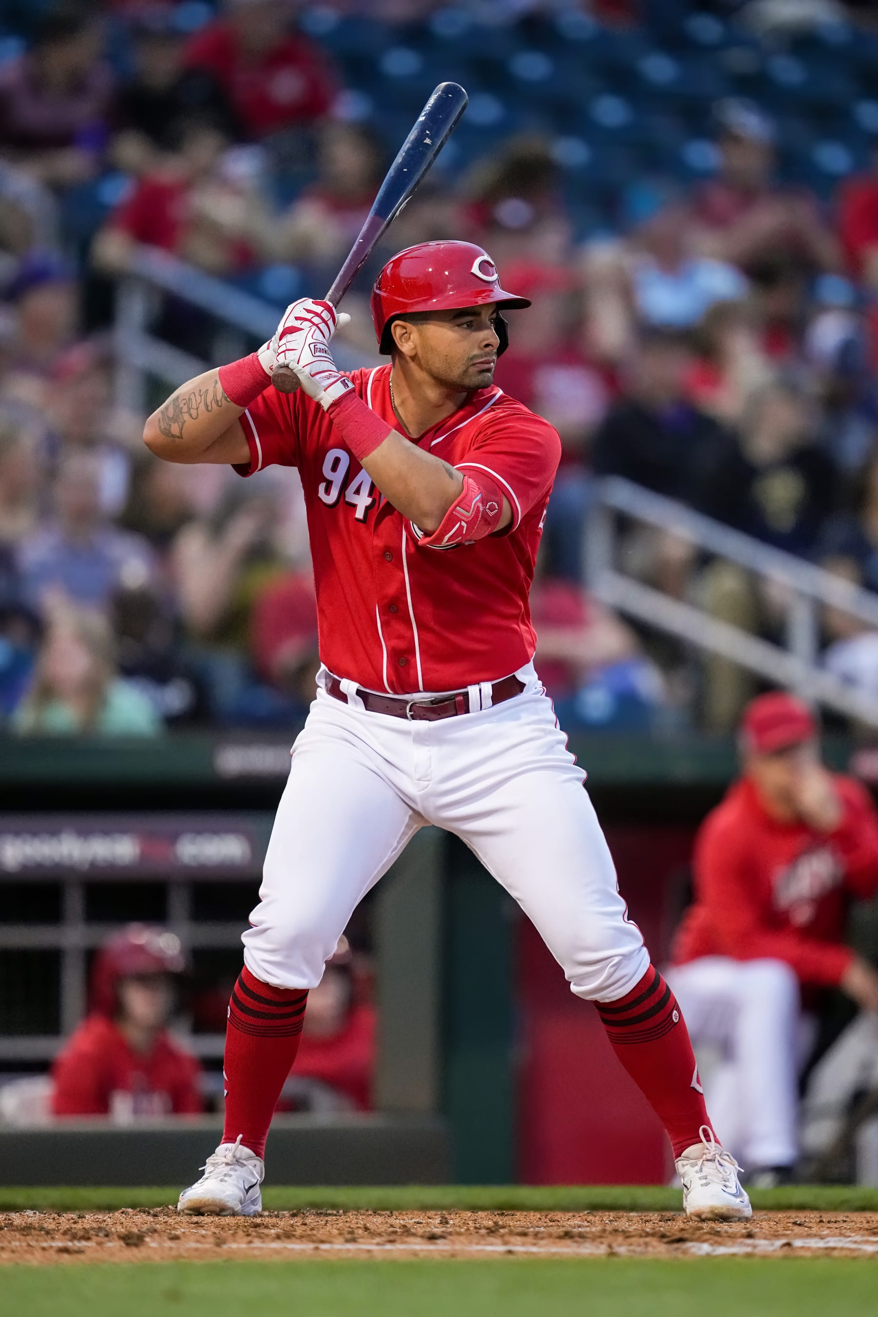 GOODYEAR, ARIZONA - MARCH 10: Christian Encarnacion-Strand #94 of the Cincinnati Reds bats in the first inning against the Arizona Diamondbacks during a spring training game at Goodyear Ballpark on March 10, 2023 in Goodyear, Arizona. (Photo by Dylan Buell/Getty Images)