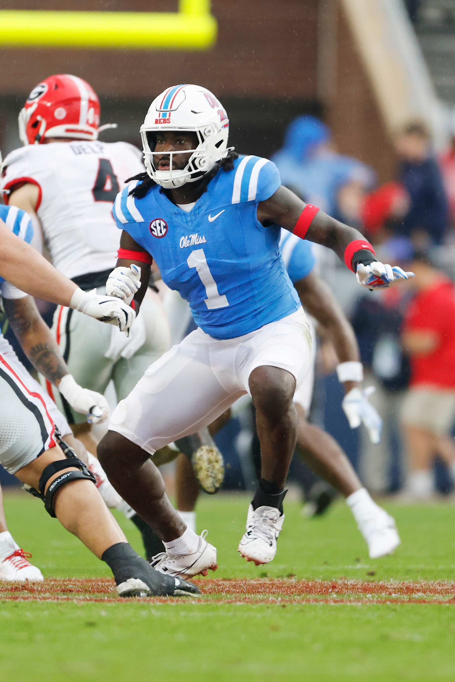 OXFORD, MS - NOVEMBER 09:  Mississippi Rebels defensive end Princely Umanmielen (1) during the college football game between Georgia Bulldogs and Ole Miss Rebels on November 9, 2024, at Vaught-Hemingway Stadium in Oxford, Mississippi. (Photo by Andy Altenburger/Icon Sportswire via Getty Images)