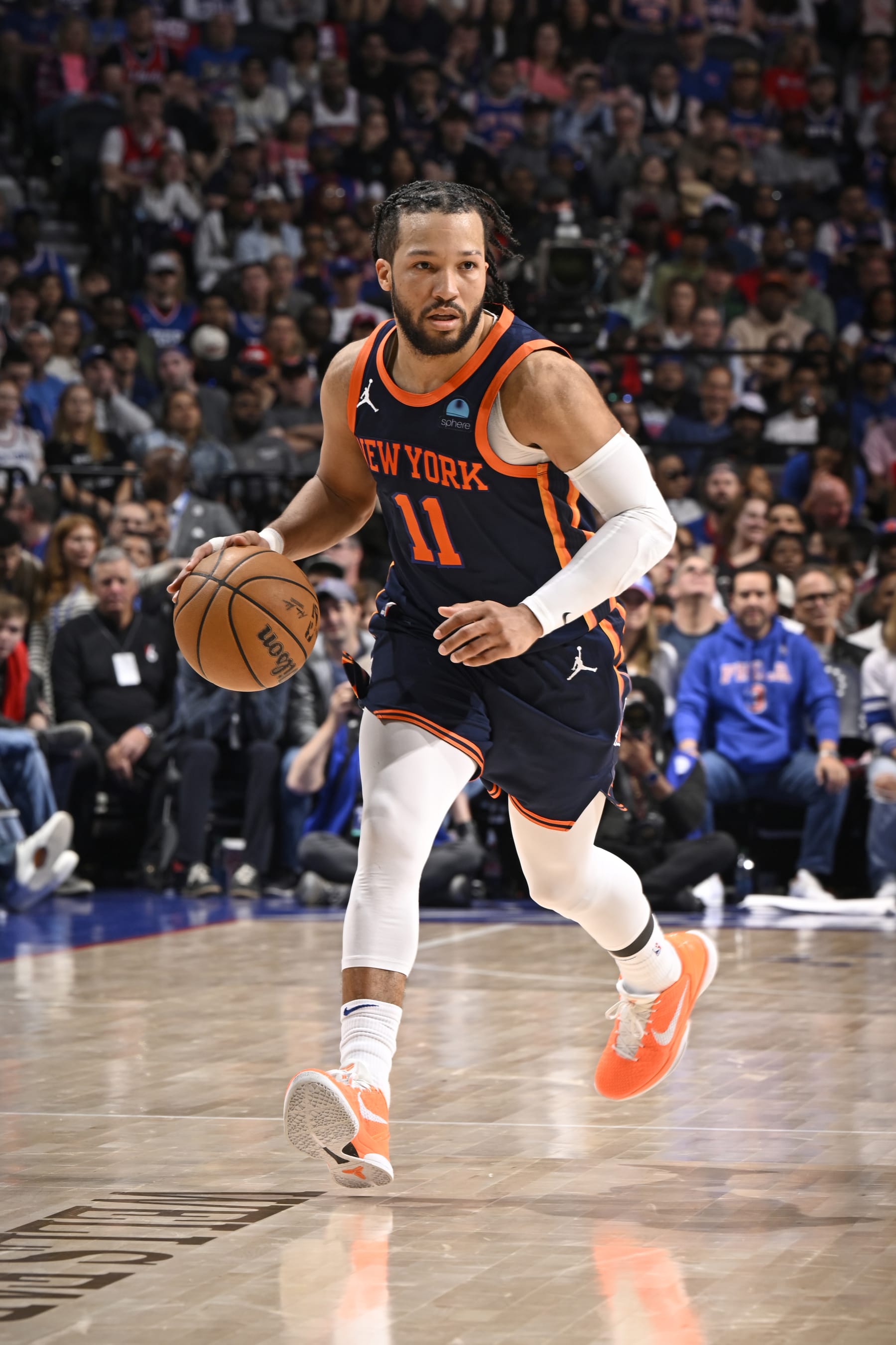 PHILADELPHIA, PA - APRIL 28: Jalen Brunson #11 of the New York Knicks dribbles the ball during the game against the Philadelphia 76ers during Round 1 Game 4 of the 2024 NBA Playoffs on April 28, 2024 at the Wells Fargo Center in Philadelphia, Pennsylvania NOTE TO USER: User expressly acknowledges and agrees that, by downloading and/or using this Photograph, user is consenting to the terms and conditions of the Getty Images License Agreement. Mandatory Copyright Notice: Copyright 2024 NBAE (Photo by David Dow/NBAE via Getty Images)