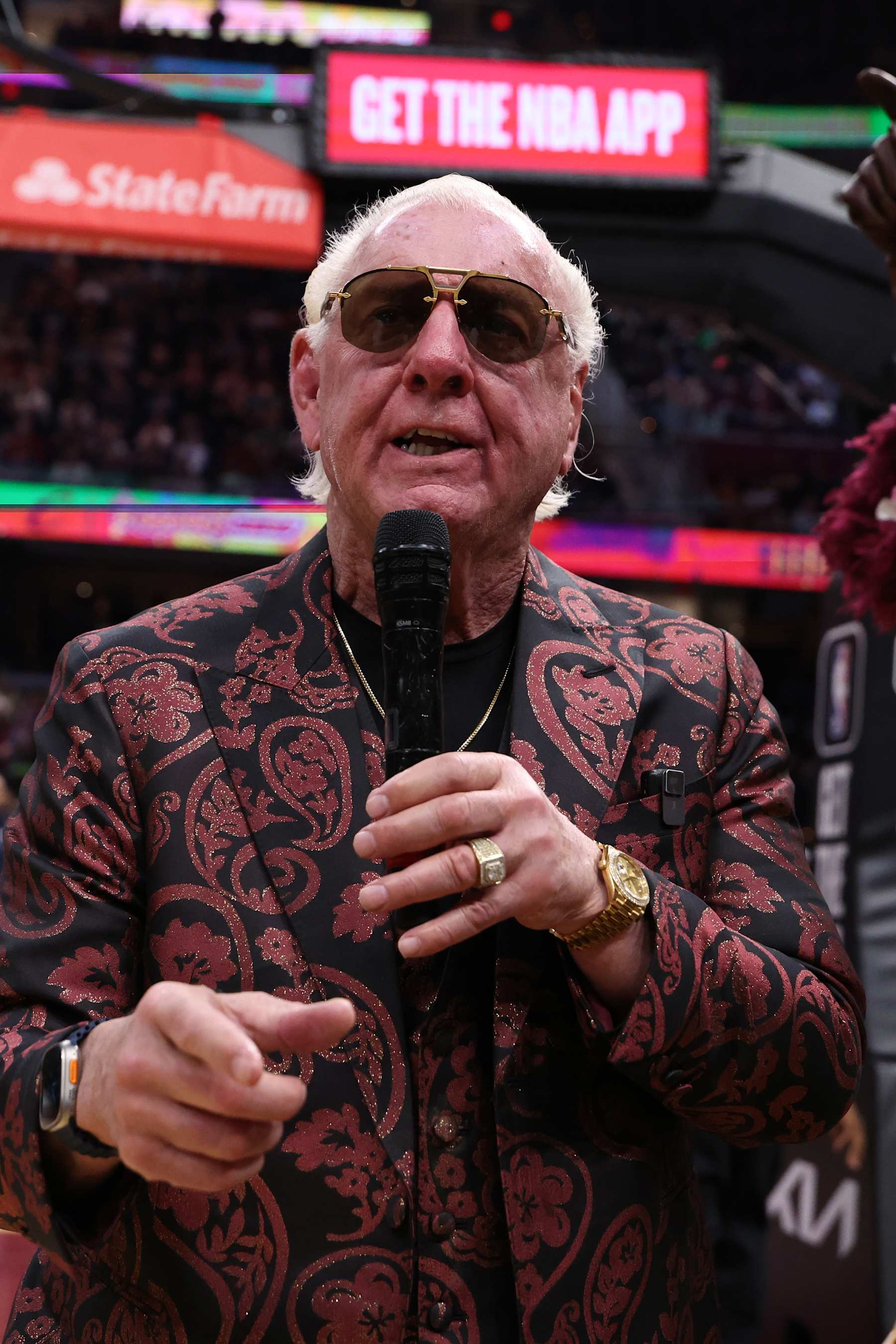 CLEVELAND, OH - March 8: Rick Flair at the Minnesota Timberwolves vs the Cleveland Cavaliers game on March 8, 2024 at Rocket Mortgage FieldHouse in Cleveland, Ohio. NOTE TO USER: User expressly acknowledges and agrees that, by downloading and/or using this Photograph, user is consenting to the terms and conditions of the Getty Images License Agreement. Mandatory Copyright Notice: Copyright 2024 NBAE (Photo by Lauren Leigh Bacho/NBAE via Getty Images)
