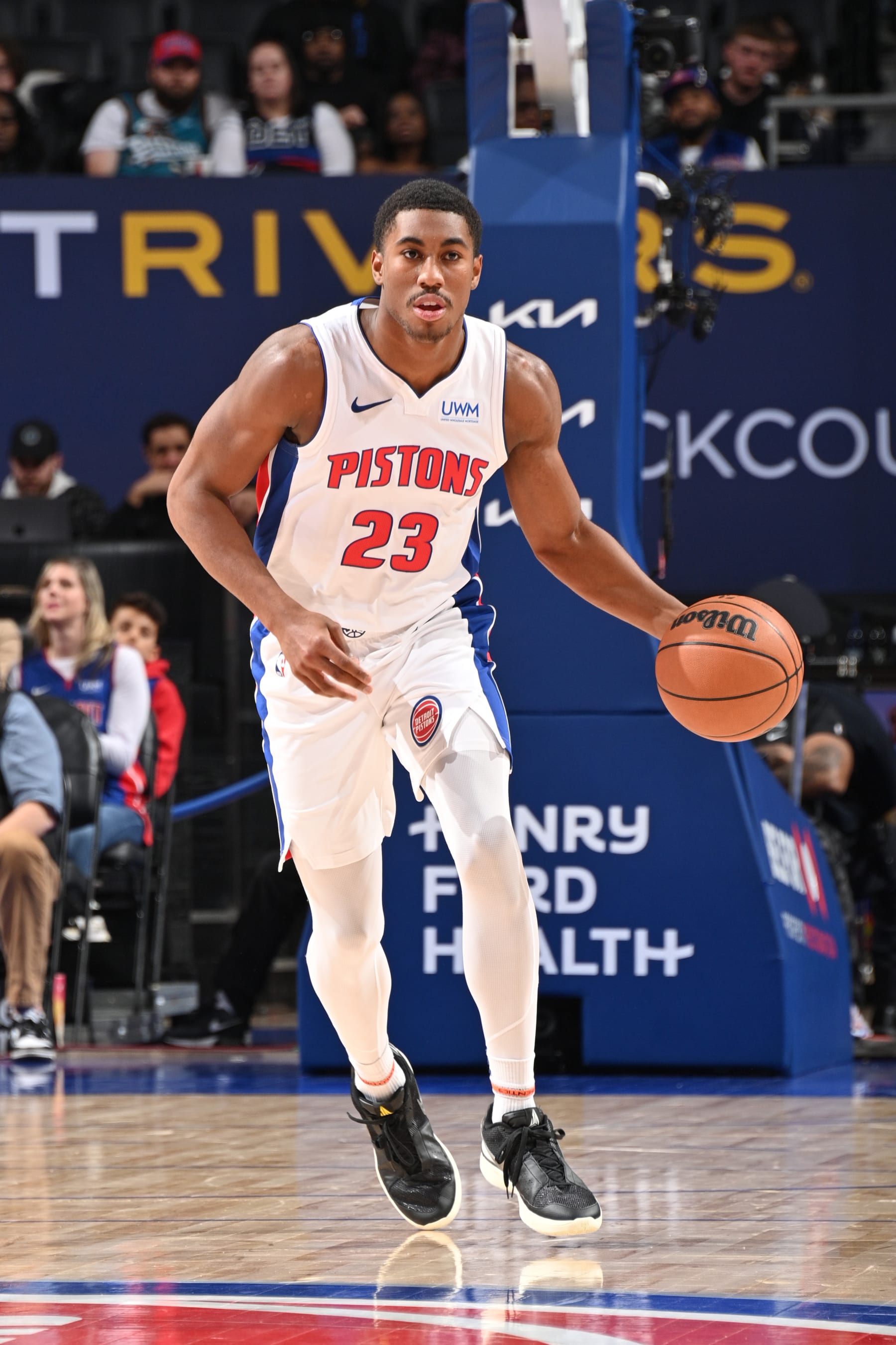 DETROIT, MI - NOVEMBER 1: Jaden Ivey #23 of the Detroit Pistons dribbles the ball during the game against the Portland Trail Blazers on November 1, 2023 at Little Caesars Arena in Detroit, Michigan. NOTE TO USER: User expressly acknowledges and agrees that, by downloading and/or using this photograph, User is consenting to the terms and conditions of the Getty Images License Agreement. Mandatory Copyright Notice: Copyright 2023 NBAE (Photo by Chris Schwegler/NBAE via Getty Images)