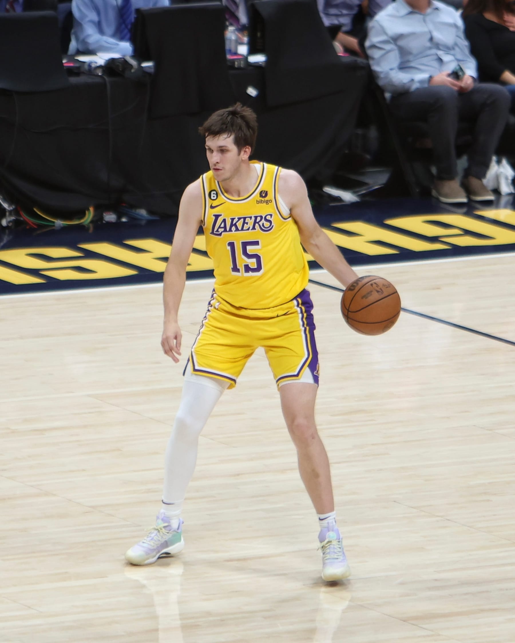 DENVER, CO - May 18: Austin Reaves #15 of the Los Angeles Lakers handles the ball during the game against the Denver Nuggets during Game 2 of the 2023 NBA Playoffs Western Conference Finals on May 18, 2023 at the Ball Arena in Denver, Colorado. NOTE TO USER: User expressly acknowledges and agrees that, by downloading and/or using this Photograph, user is consenting to the terms and conditions of the Getty Images License Agreement. Mandatory Copyright Notice: Copyright 2023 NBAE (Photo by Jim Poorten/NBAE via Getty Images)