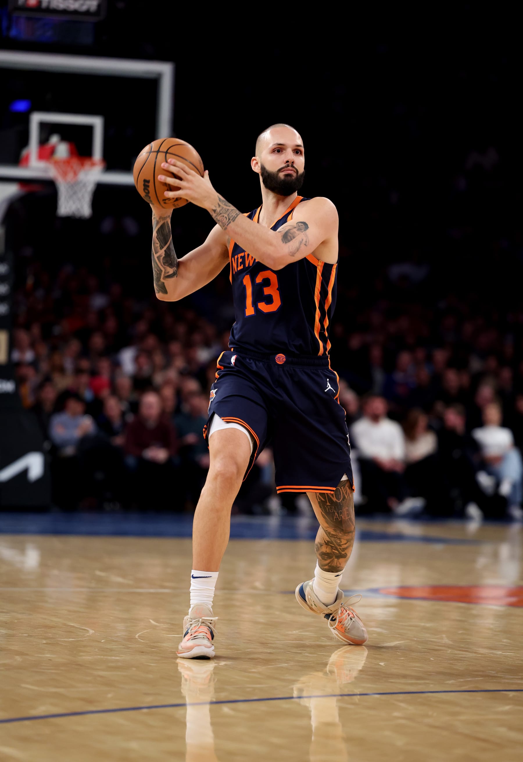 NEW YORK, NEW YORK - FEBRUARY 02:  Evan Fournier #13 of the New York Knicks in action against the Miami Heat during their game at Madison Square Garden on February 02, 2023 in New York City.  User expressly acknowledges and agrees that, by downloading and or using this photograph, User is consenting to the terms and conditions of the Getty Images License Agreement.  (Photo by Al Bello/Getty Images)