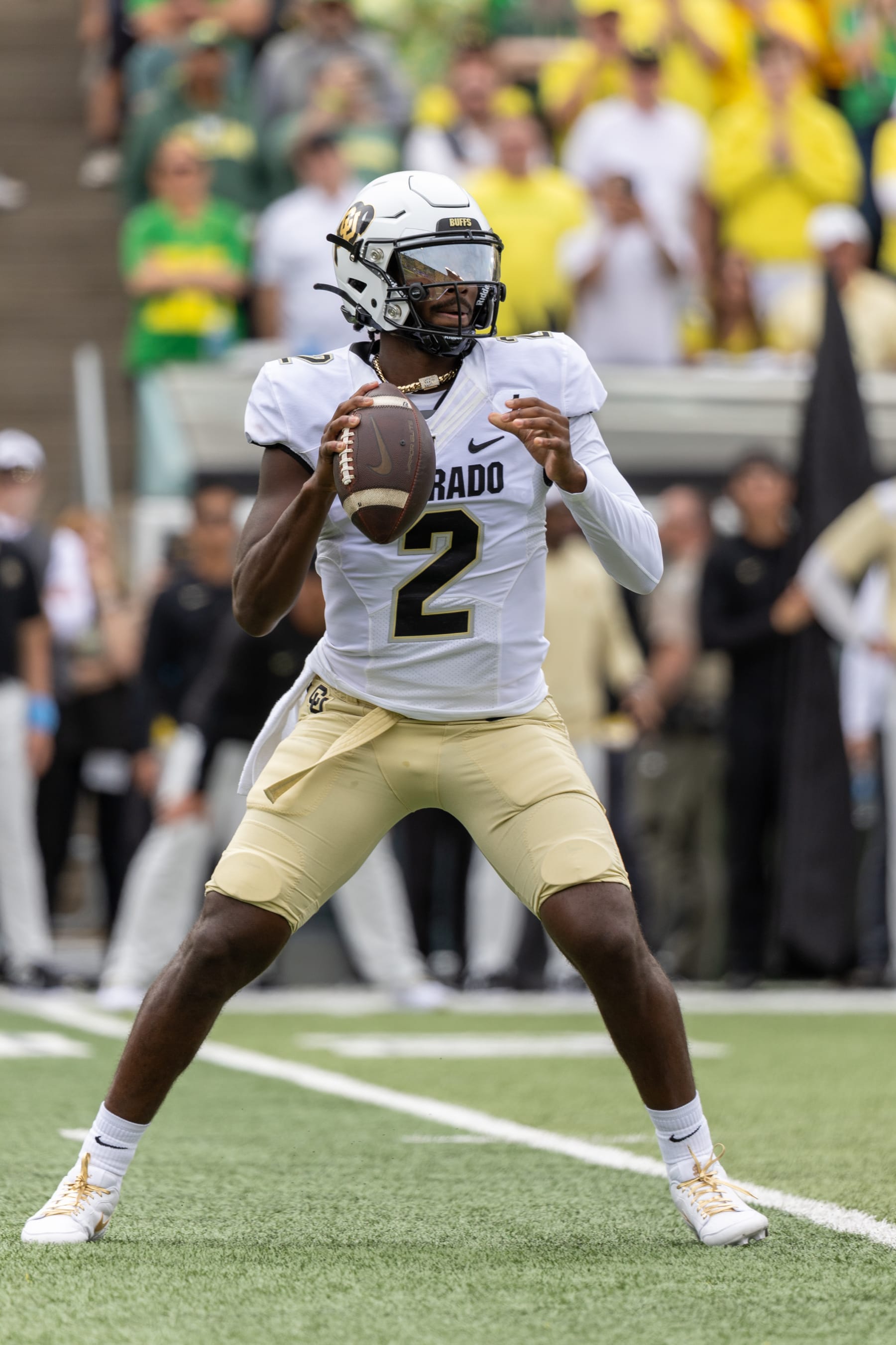 EUGENE, OREGON - SEPTEMBER 23: Quarterback Shedeur Sanders #2 of the Colorado Buffaloes  passes the ball during the first half at Autzen Stadium on September 23, 2023 in Eugene, Oregon. (Photo by Tom Hauck/Getty Images)