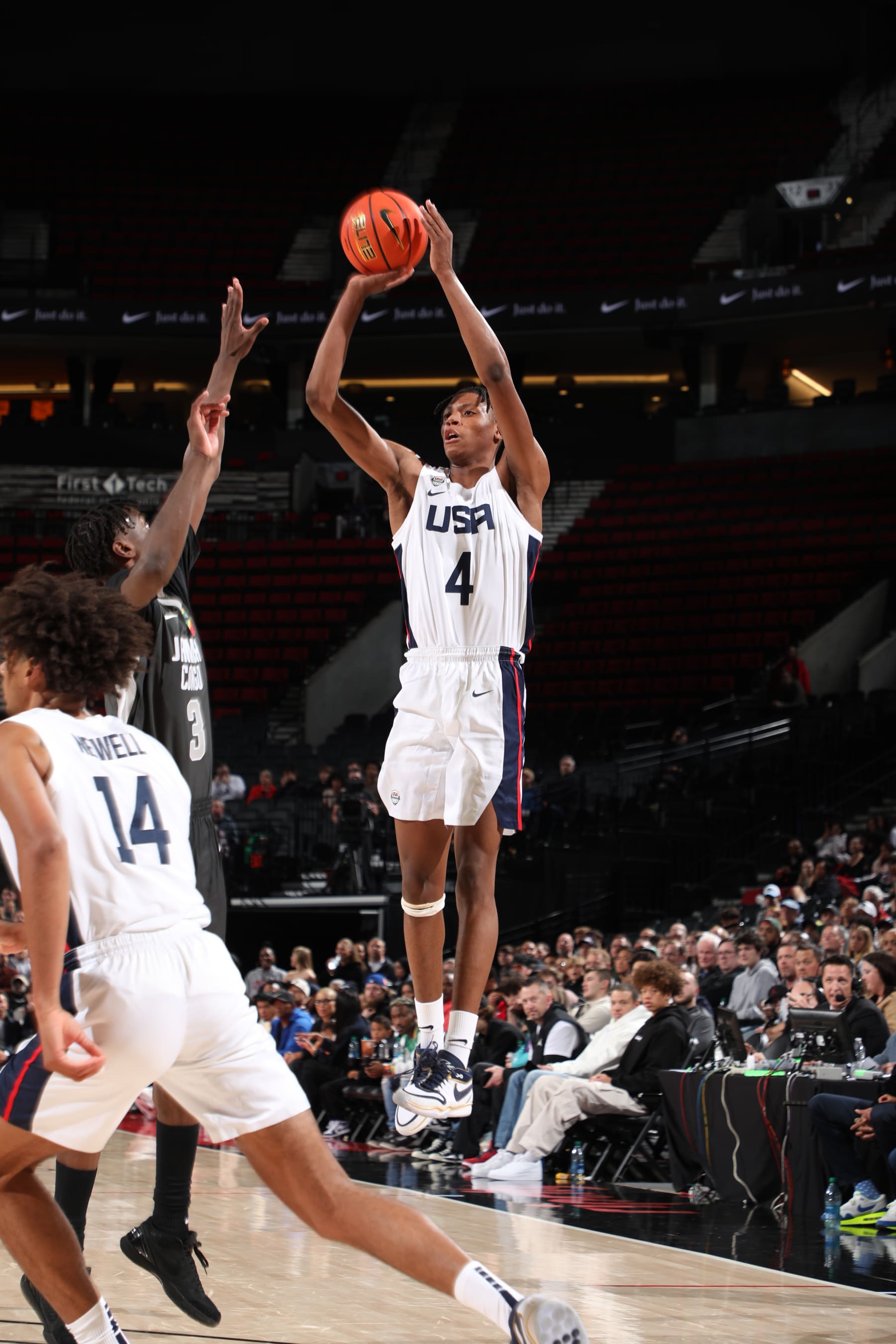 PORTLAND, OR - APRIL 13: Airious Bailey #4 of Team USA shoots a three point basket against Team World during the 2024 Nike Hoop Summit on April 13, 2024 at the Moda Center Arena in Portland, Oregon. NOTE TO USER: User expressly acknowledges and agrees that, by downloading and or using this photograph, user is consenting to the terms and conditions of the Getty Images License Agreement. Mandatory Copyright Notice: Copyright 2024 NBAE (Photo by Cameron Browne/NBAE via Getty Images)