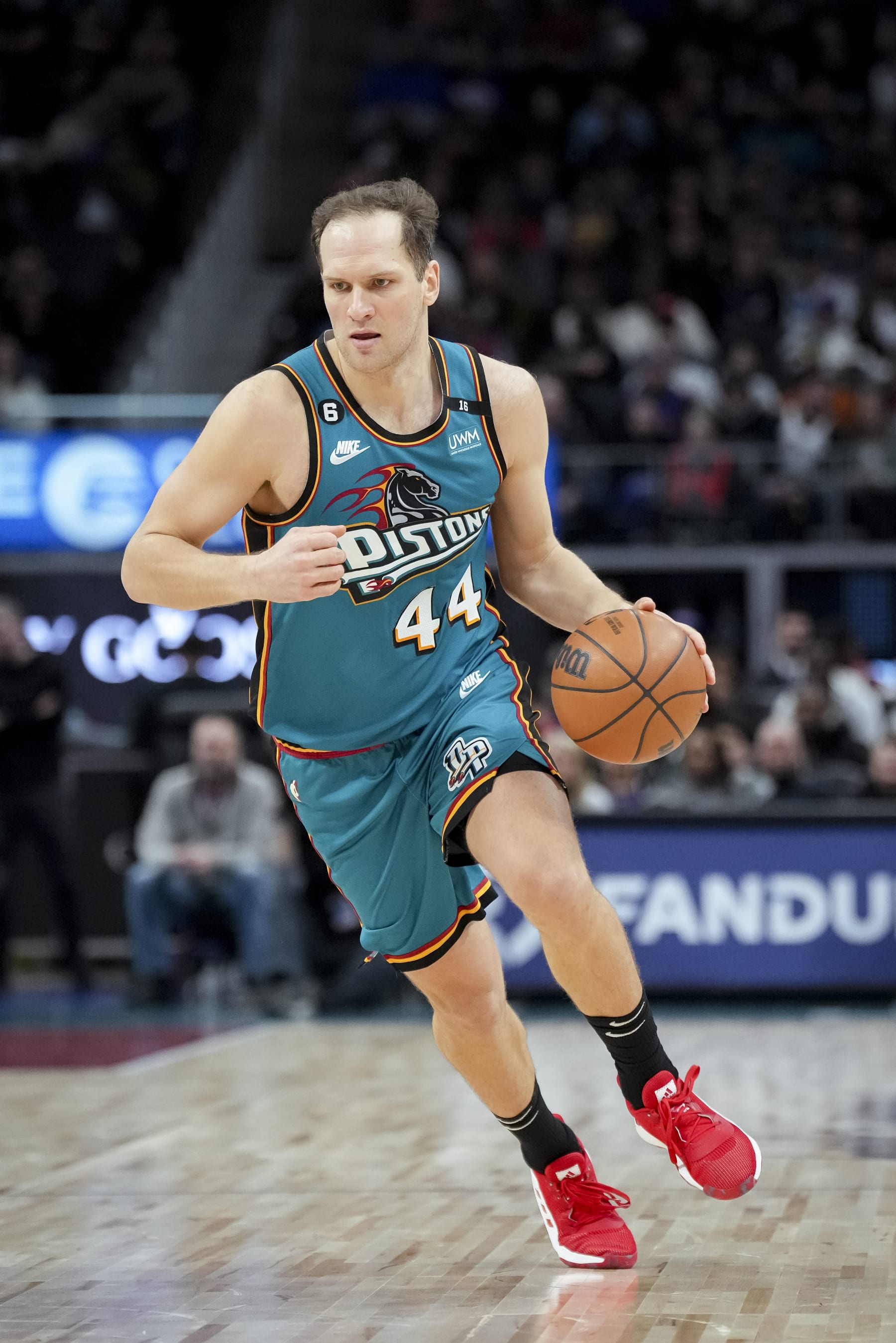 DETROIT, MICHIGAN - FEBRUARY 04: Bojan Bogdanovic #44 of the Detroit Pistons handles the ball against the Phoenix Suns at Little Caesars Arena on February 04, 2023 in Detroit, Michigan. NOTE TO USER: User expressly acknowledges and agrees that, by downloading and or using this photograph, User is consenting to the terms and conditions of the Getty Images License Agreement. (Photo by Nic Antaya/Getty Images)