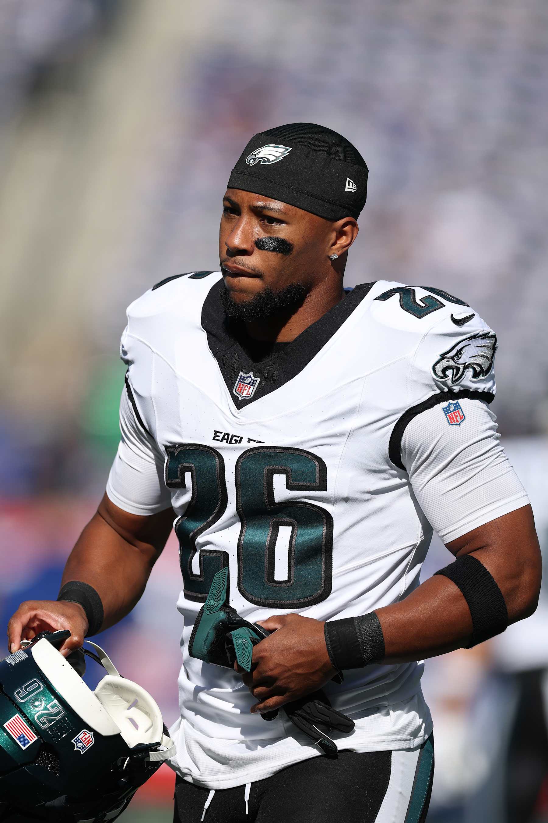 EAST RUTHERFORD, NEW JERSEY - OCTOBER 20: Saquon Barkley #26 of the Philadelphia Eagles looks on prior to the game against the New York Giants at MetLife Stadium on October 20, 2024 in East Rutherford, New Jersey. (Photo by Al Bello/Getty Images)