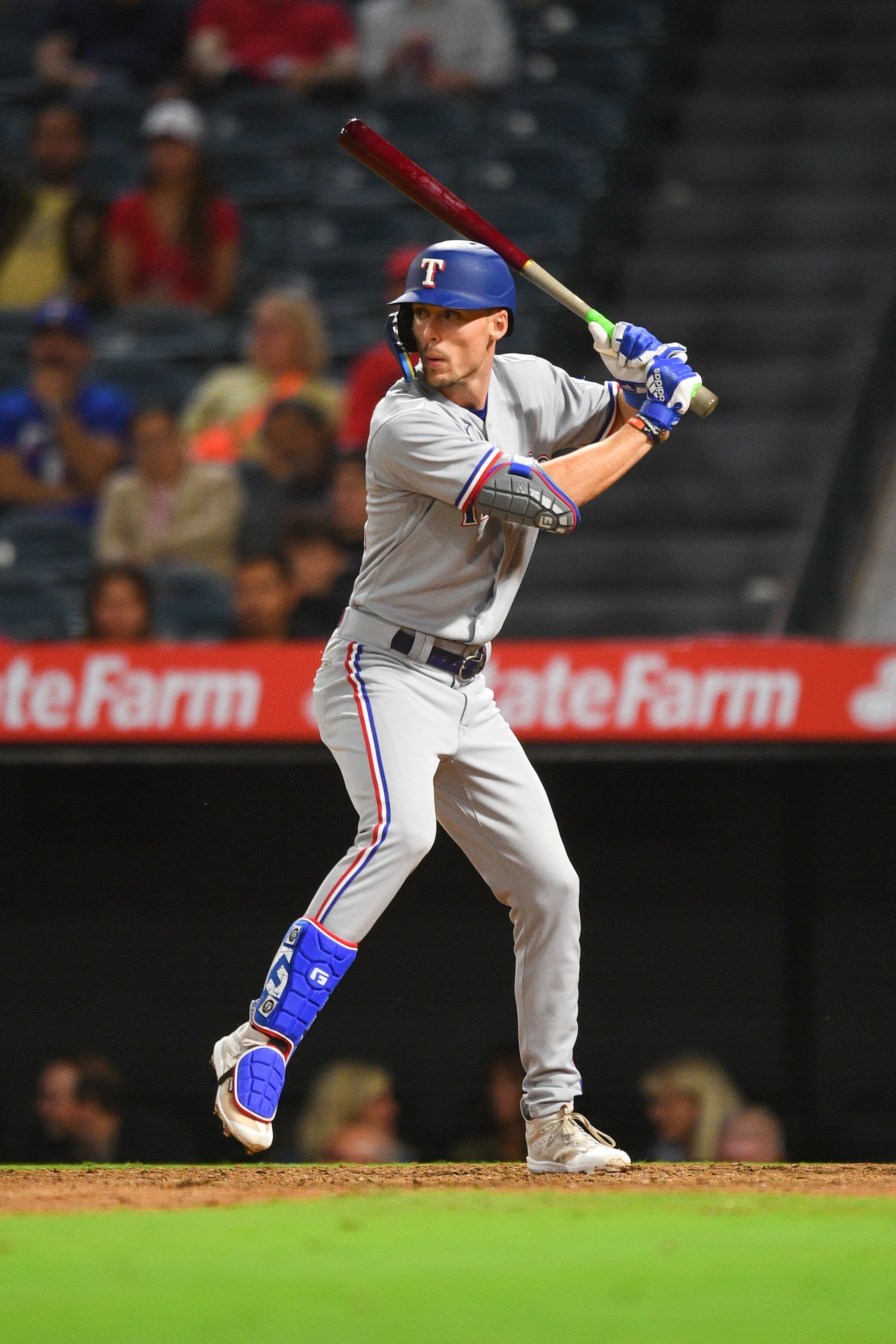 ANAHEIM, CA - SEPTEMBER 26: Texas Rangers outfielder Evan Carter (32) at bat during the MLB game between the Texas Rangers and the Los Angeles Angels of Anaheim on September 26, 2023 at Angel Stadium of Anaheim in Anaheim, CA. (Photo by Brian Rothmuller/Icon Sportswire via Getty Images)