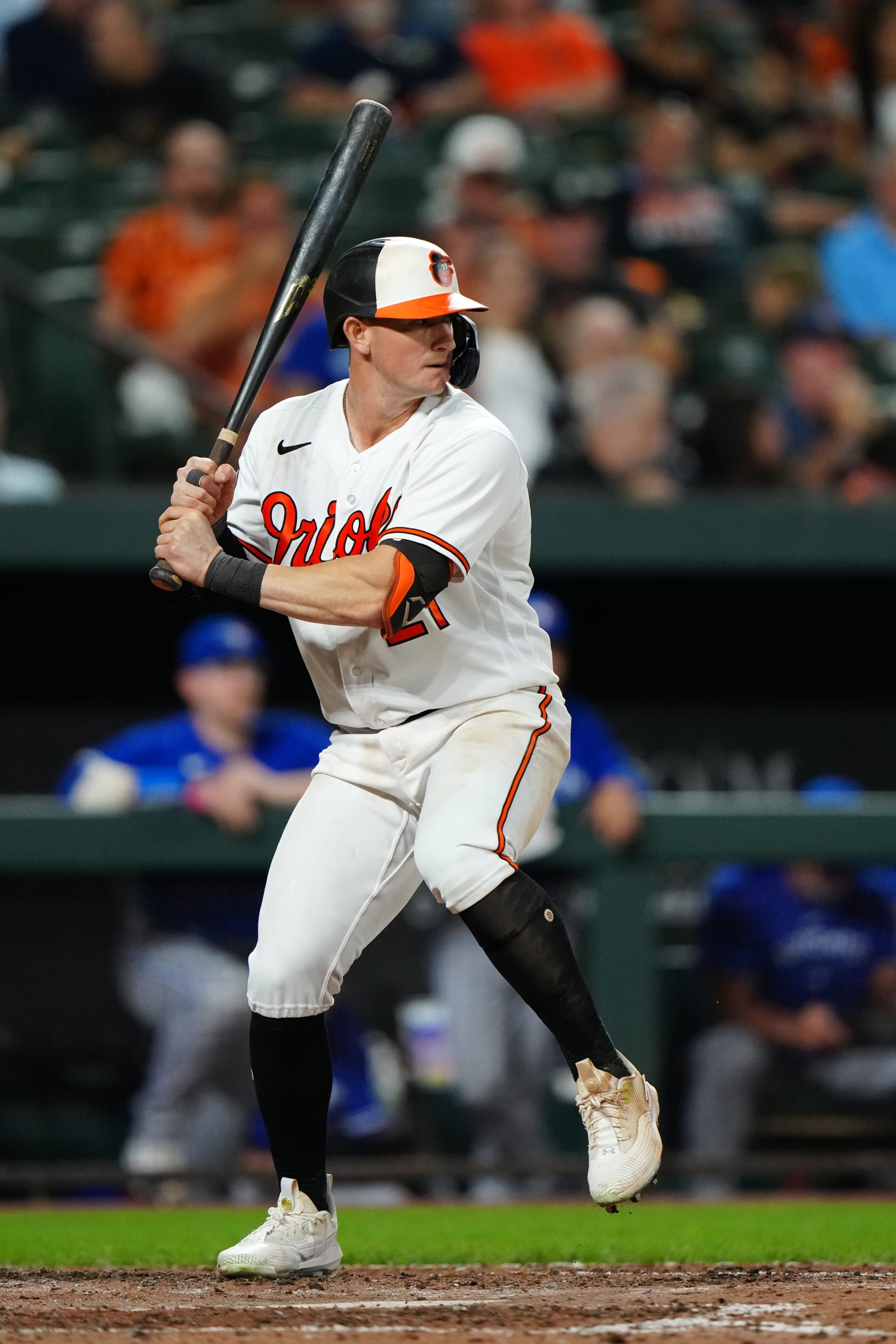 BALTIMORE, MD - AUGUST 23: Austin Hays #21 of the Baltimore Orioles bats during the game between the Toronto Blue Jays and the Baltimore Orioles at Oriole Park at Camden Yards on Wednesday, August 23, 2023 in Baltimore, Maryland. (Photo by Daniel Shirey/MLB Photos via Getty Images)