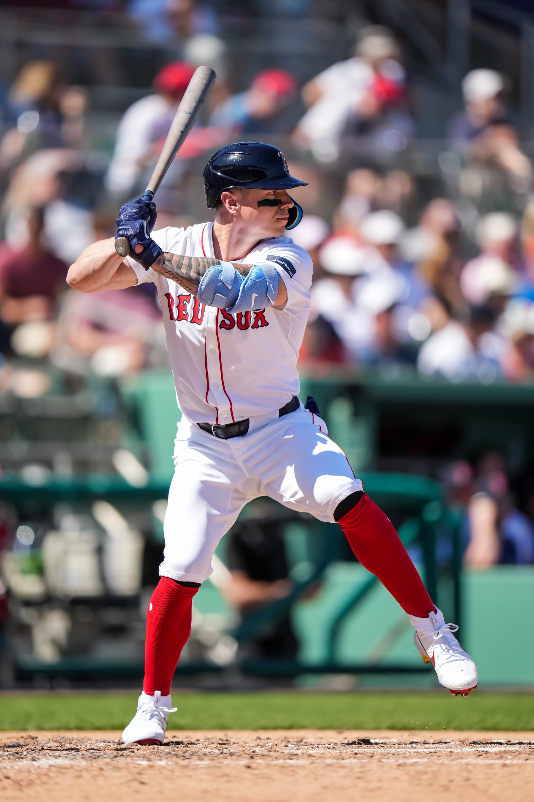FORT MYERS, FL- FEBRUARY 25: Tyler O'Neill #17 of the Boston Red Sox bats during a spring training game against the Minnesota Twins on February 25, 2024 at JetBlue Park in Fort Myers, Florida. (Photo by Brace Hemmelgarn/Minnesota Twins/Getty Images)