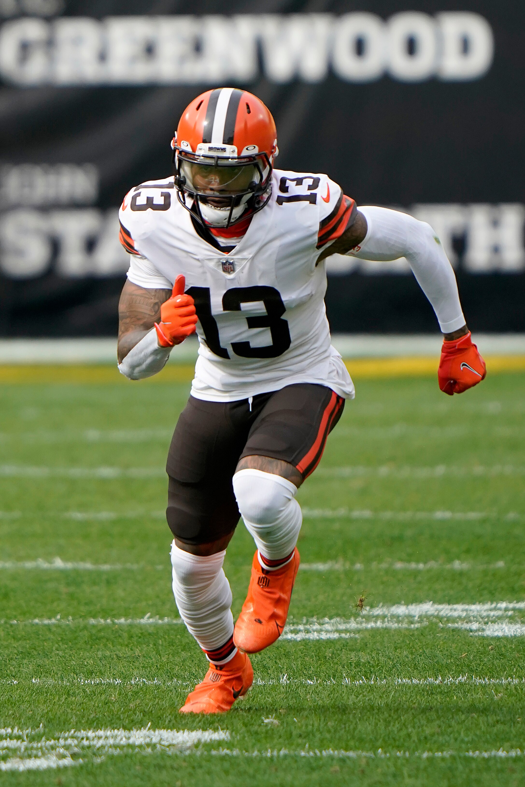 Cleveland Browns wide receiver Odell Beckham Jr. (13) in action during an NFL football game against the Pittsburgh Steelers, Sunday, Oct. 18, 2020, in Pittsburgh. (AP Photo/Justin Berl)