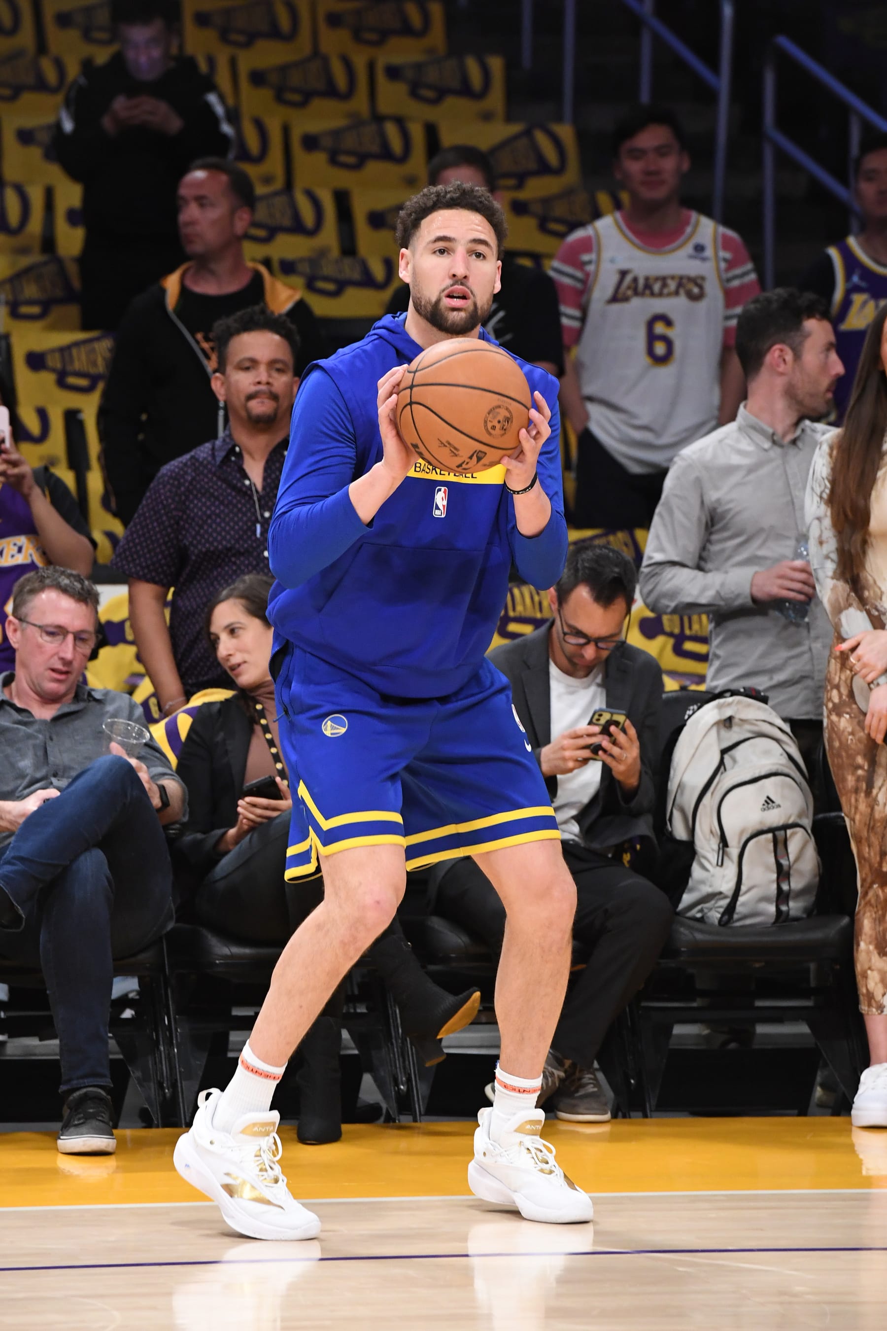 LOS ANGELES, CA - MAY 8: Klay Thompson #11 of the Golden State Warriors warms up before Game 4 of the 2023 NBA Playoffs Western Conference Semi Finals against the Los Angeles Lakers on May 8, 2023 at Crypto.Com Arena in Los Angeles, California. NOTE TO USER: User expressly acknowledges and agrees that, by downloading and/or using this Photograph, user is consenting to the terms and conditions of the Getty Images License Agreement. Mandatory Copyright Notice: Copyright 2023 NBAE (Photo by Andrew D. Bernstein/NBAE via Getty Images)