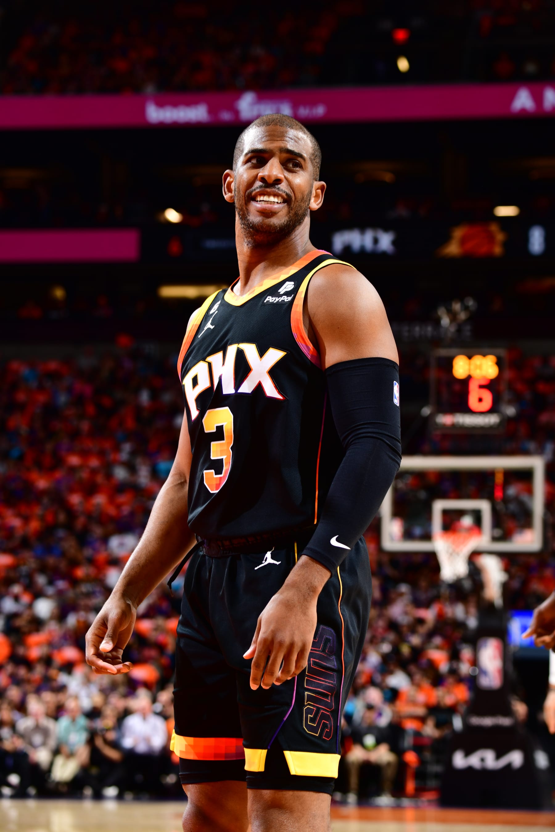 PHOENIX, AZ - APRIL 25: Chris Paul #3 of the Phoenix Suns looks on during Round 1 Game 5 of the 2023 NBA Playoffs against the LA Clippers on April 25, 2023 at Footprint Center in Phoenix, Arizona. NOTE TO USER: User expressly acknowledges and agrees that, by downloading and or using this photograph, user is consenting to the terms and conditions of the Getty Images License Agreement. Mandatory Copyright Notice: Copyright 2023 NBAE (Photo by Barry Gossage/NBAE via Getty Images)