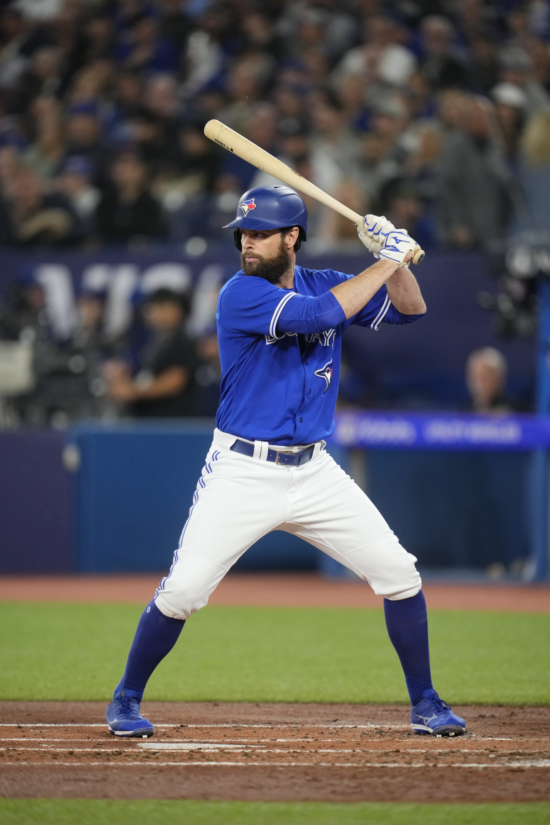 TORONTO, ON - SEPTEMBER 26: Brandon Belt #13 of Toronto Blue Jays takes an at bat against the New York Yankees during the second inning in their MLB game at the Rogers Centre on September 26, 2023 in Toronto, Ontario, Canada. (Photo by Mark Blinch/Getty Images)