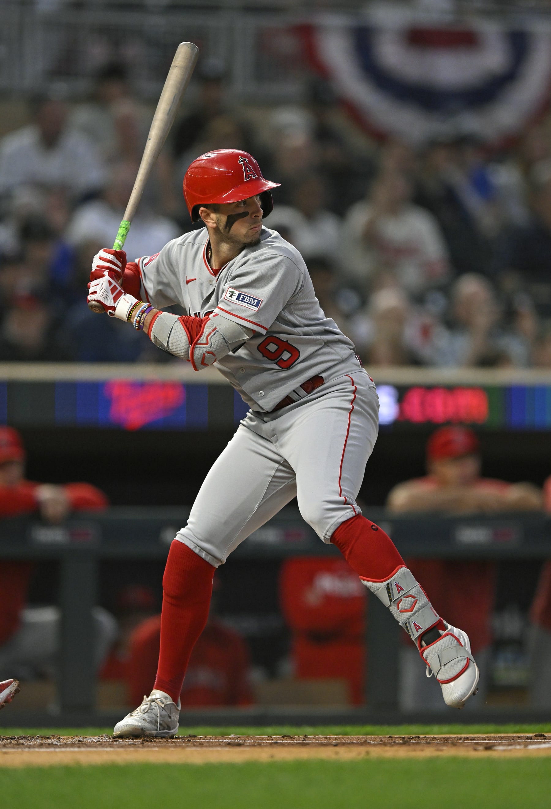 MINNEAPOLIS, MN - SEPTEMBER 22: Los Angeles Angels Infield Zach Neto (9) at the plate during a MLB game between the Minnesota Twins and Los Angeles Angels on September 22, 2023, at Target Field in Minneapolis, MN. (Photo by Nick Wosika/Icon Sportswire via Getty Images)