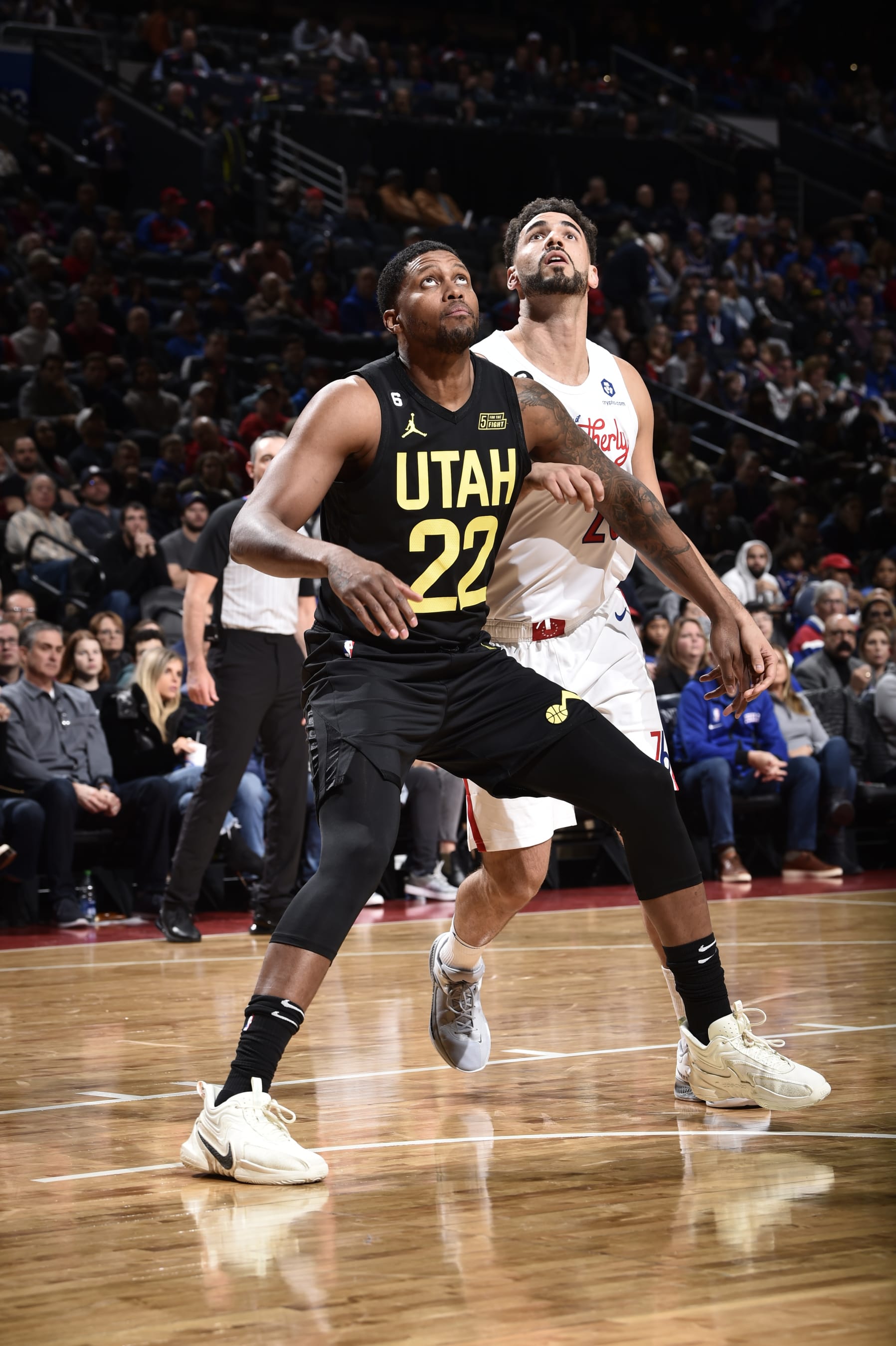 PHILADELPHIA, PA - NOVEMBER 13: Rudy Gay #22 of the Utah Jazz boxes out during the game against the Philadelphia 76ers on November 13, 2022 at the Wells Fargo Center in Philadelphia, Pennsylvania NOTE TO USER: User expressly acknowledges and agrees that, by downloading and/or using this Photograph, user is consenting to the terms and conditions of the Getty Images License Agreement. Mandatory Copyright Notice: Copyright 2022 NBAE (Photo by David Dow/NBAE via Getty Images)