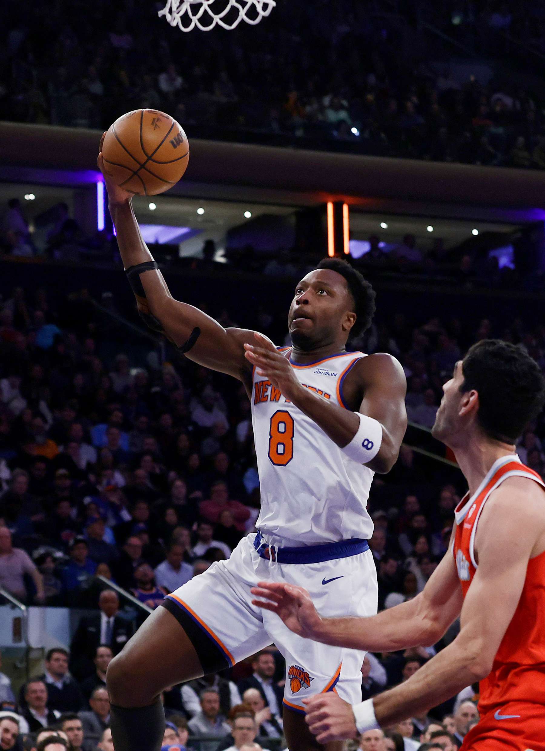 NEW YORK, NEW YORK - JANUARY 27: (NEW YORK DAILIES OUT)  OG Anunoby #8 of the New York Knicks in action against the Memphis Grizzlies at Madison Square Garden on January 27, 2025 in New York City. The Knicks defeated the Grizzlies 143-106. NOTE TO USER: User expressly acknowledges and agrees that, by downloading and or using this photograph, User is consenting to the terms and conditions of the Getty Images License Agreement.  (Photo by Jim McIsaac/Getty Images)