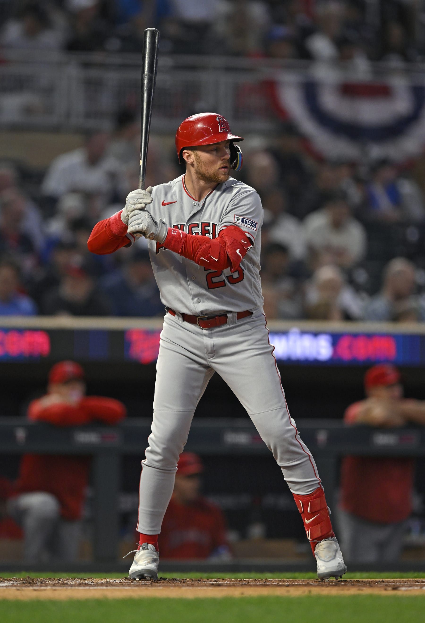 MINNEAPOLIS, MN - SEPTEMBER 22: Los Angeles Angels Infield Brandon Drury (23) at the plate during a MLB game between the Minnesota Twins and Los Angeles Angels on September 22, 2023, at Target Field in Minneapolis, MN. (Photo by Nick Wosika/Icon Sportswire via Getty Images)