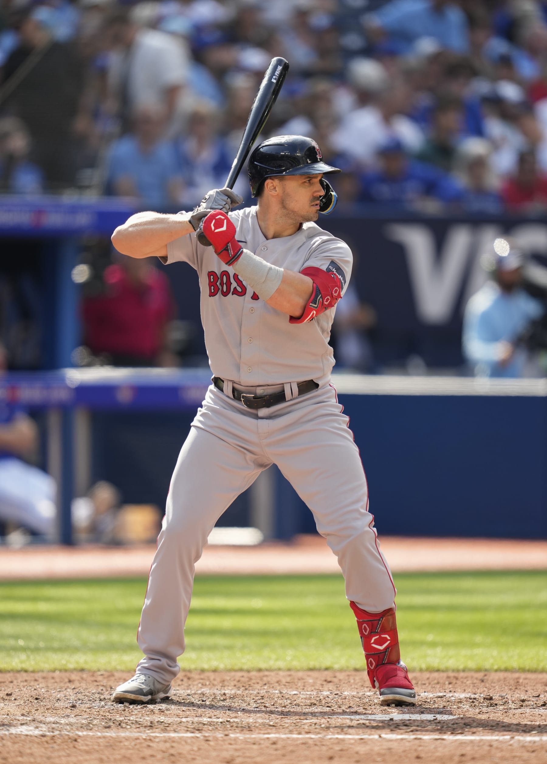 TORONTO, ON - SEPTEMBER 17: Adam Duvall #18 of Boston Red Sox takes an at bat against the Toronto Blue Jays during the seventh inning in their MLB game at the Rogers Centre on September 17, 2023 in Toronto, Ontario, Canada. (Photo by Mark Blinch/Getty Images)