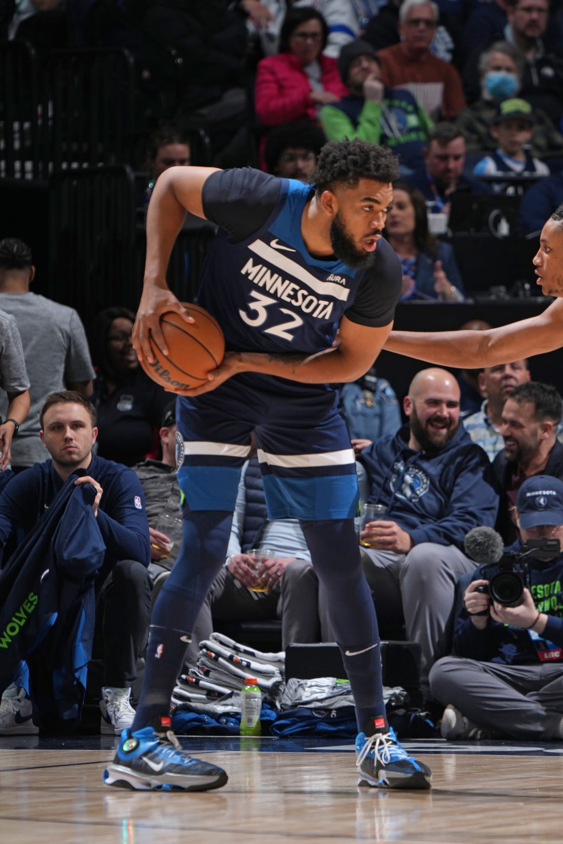 MINNEAPOLIS, MN -  MARCH 4: Karl-Anthony Towns #32 of the Minnesota Timberwolves handles the ball during the game against the Portland Trail Blazers on March 4, 2024 at Target Center in Minneapolis, Minnesota. NOTE TO USER: User expressly acknowledges and agrees that, by downloading and or using this Photograph, user is consenting to the terms and conditions of the Getty Images License Agreement. Mandatory Copyright Notice: Copyright 2024 NBAE (Photo by Jordan Johnson/NBAE via Getty Images)