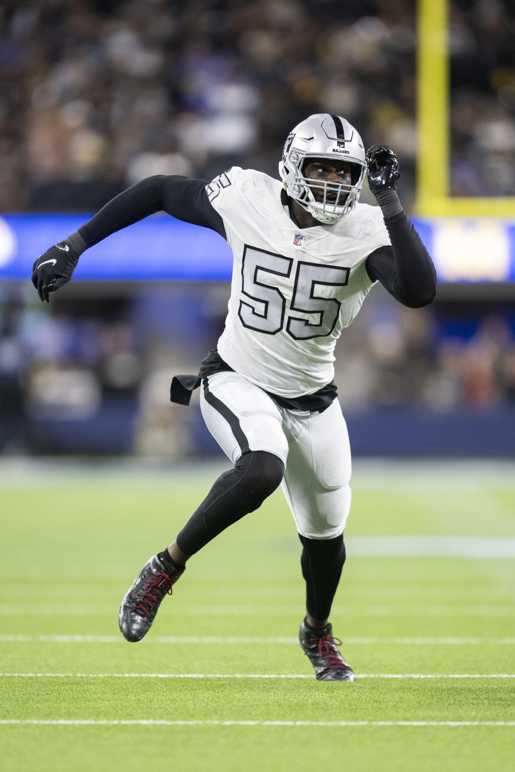 Las Vegas Raiders defensive end Chandler Jones (55) runs during an NFL football game against the Los Angeles Rams, Thursday, Dec. 8, 2022, in Inglewood, Calif. (AP Photo/Kyusung Gong)