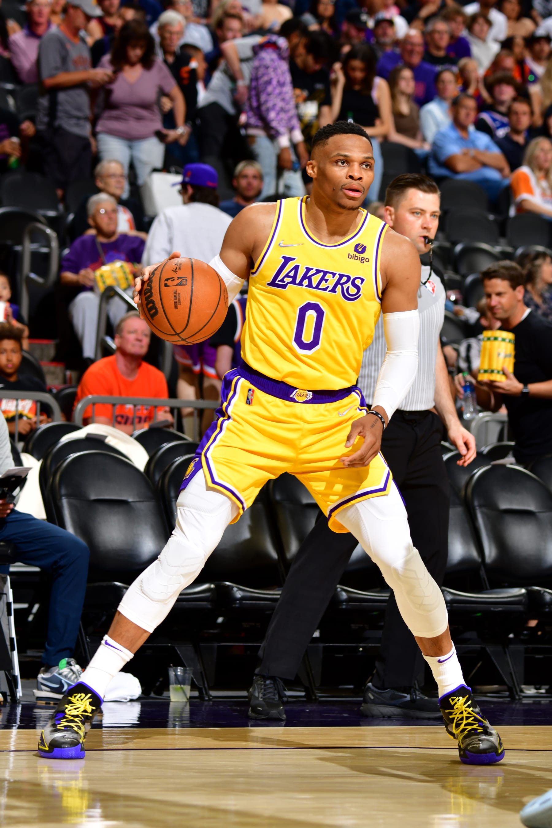 PHOENIX, AZ - APRIL 5: Russell Westbrook #0 of the Los Angeles Lakers dribbles the ball during the game against the Phoenix Suns on April 5, 2022 at Footprint Center in Phoenix, Arizona. NOTE TO USER: User expressly acknowledges and agrees that, by downloading and or using this photograph, user is consenting to the terms and conditions of the Getty Images License Agreement. Mandatory Copyright Notice: Copyright 2022 NBAE (Photo by Barry Gossage/NBAE via Getty Images)