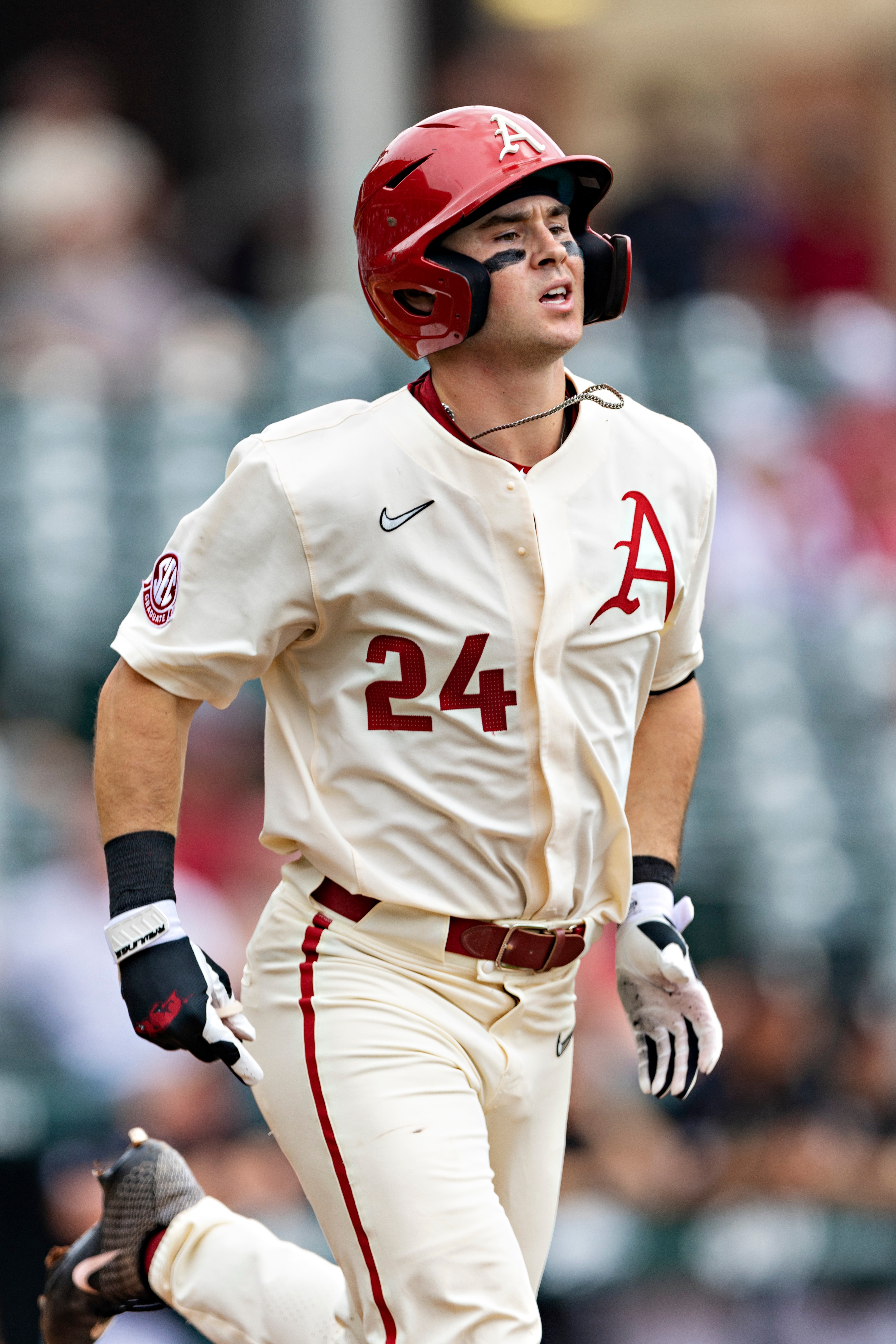 FAYETTEVILLE, ARKANSAS - MAY 15:  Braydon Webb #24 of the Arkansas Razorbacks heads to first base during game 2 of the series against the Vanderbilt Commodores at Baum-Walker Stadium at George Cole Field on May 15, 2022 in Fayetteville, Arkansas. The Razorbacks defeated the Commodores 11-6.  (Photo by Wesley Hitt/Getty Images)