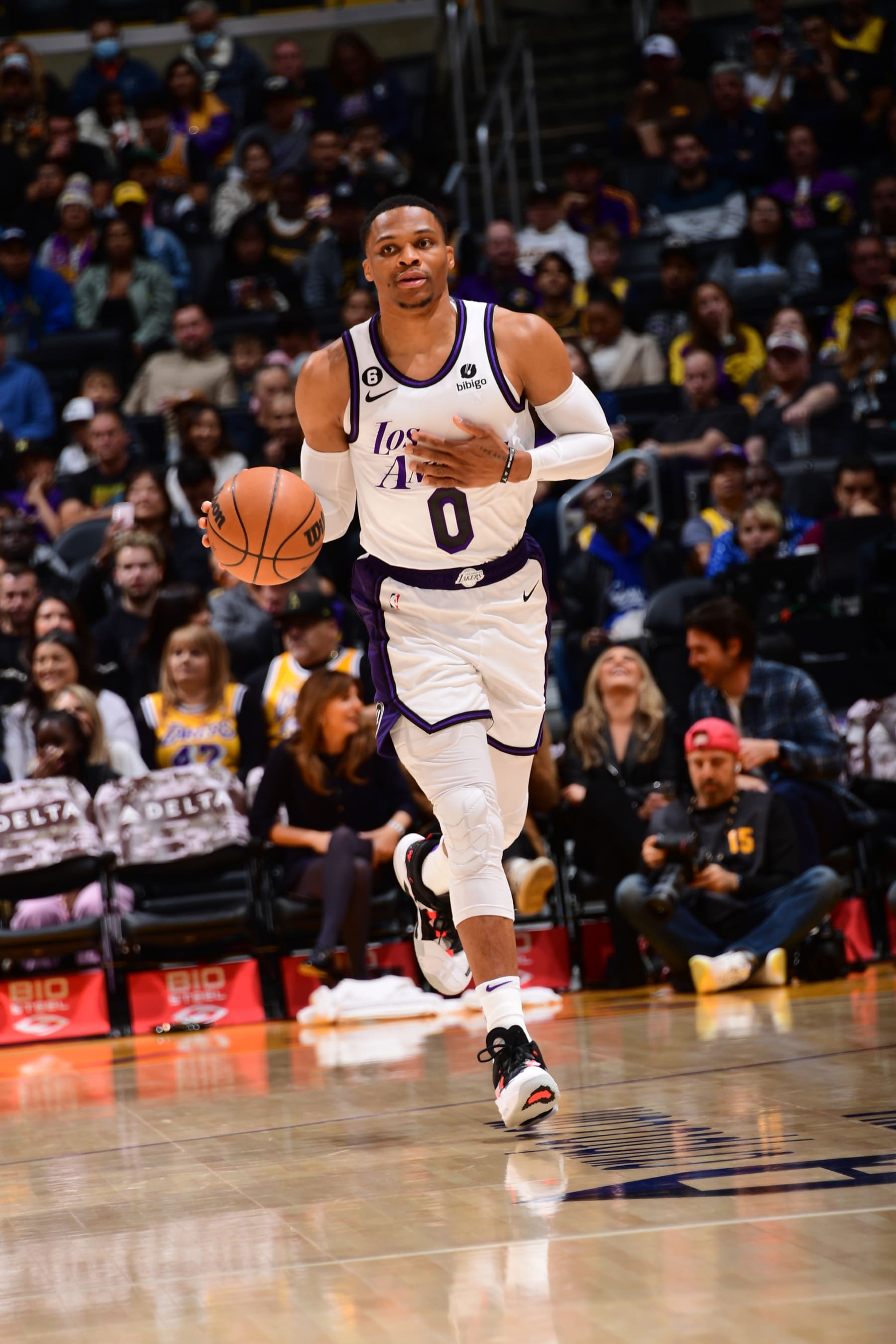 LOS ANGELES, CA - NOVEMBER 20: Russell Westbrook #0 of the Los Angeles Lakers dribbles the ball during the game against the San Antonio Spurs on November 20, 2022 at Crypto.Com Arena in Los Angeles, California. NOTE TO USER: User expressly acknowledges and agrees that, by downloading and/or using this Photograph, user is consenting to the terms and conditions of the Getty Images License Agreement. Mandatory Copyright Notice: Copyright 2022 NBAE (Photo by Adam Pantozzi/NBAE via Getty Images)