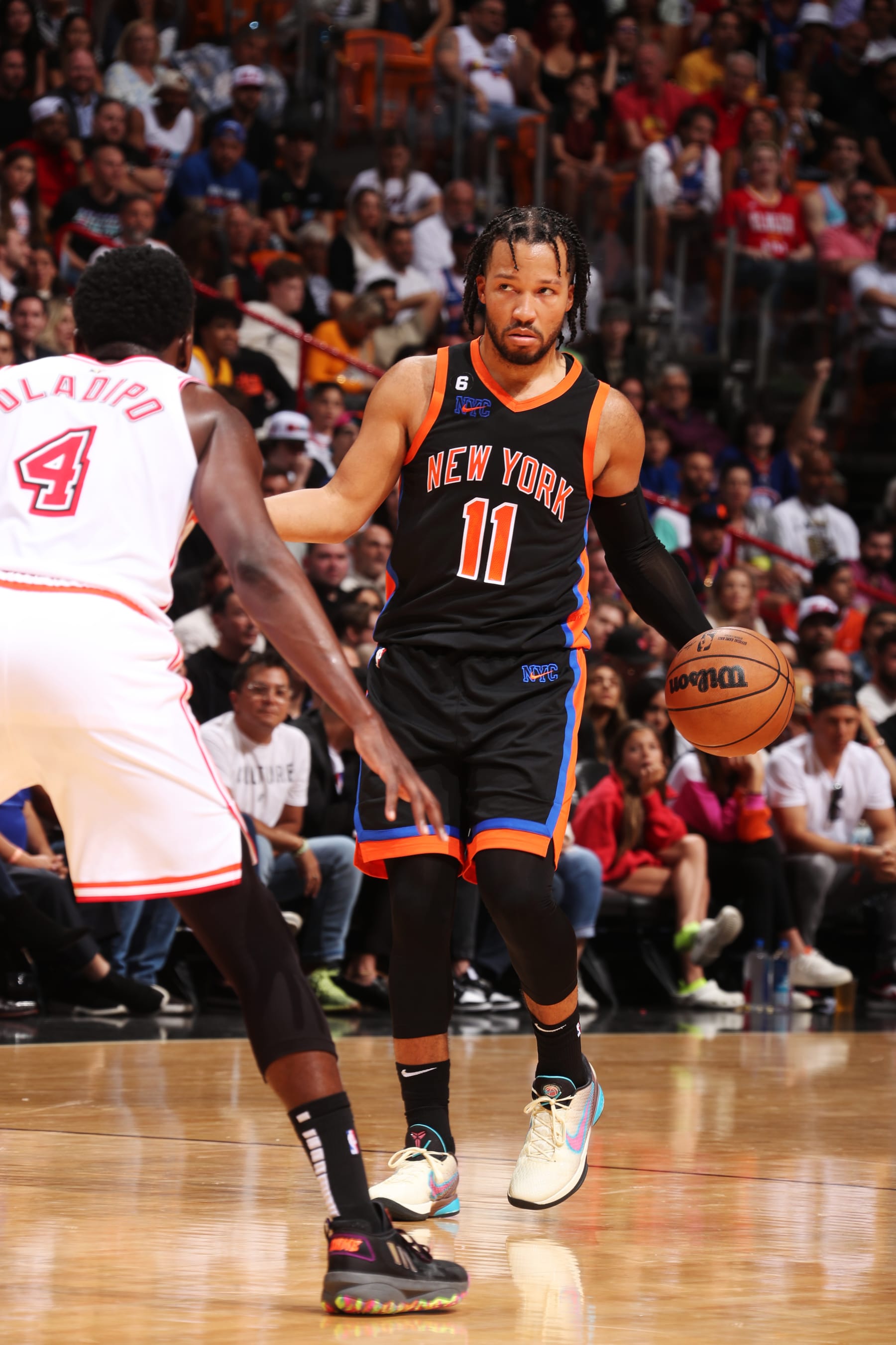 MIAMI, FL - MARCH 3: Jalen Brunson #11 of the New York Knicks dribbles the ball during the game against the Miami Heat on March 3, 2023 at Miami-Dade Arena in Miami, Florida. NOTE TO USER: User expressly acknowledges and agrees that, by downloading and or using this Photograph, user is consenting to the terms and conditions of the Getty Images License Agreement. Mandatory Copyright Notice: Copyright 2023 NBAE (Photo by Issac Baldizon/NBAE via Getty Images)