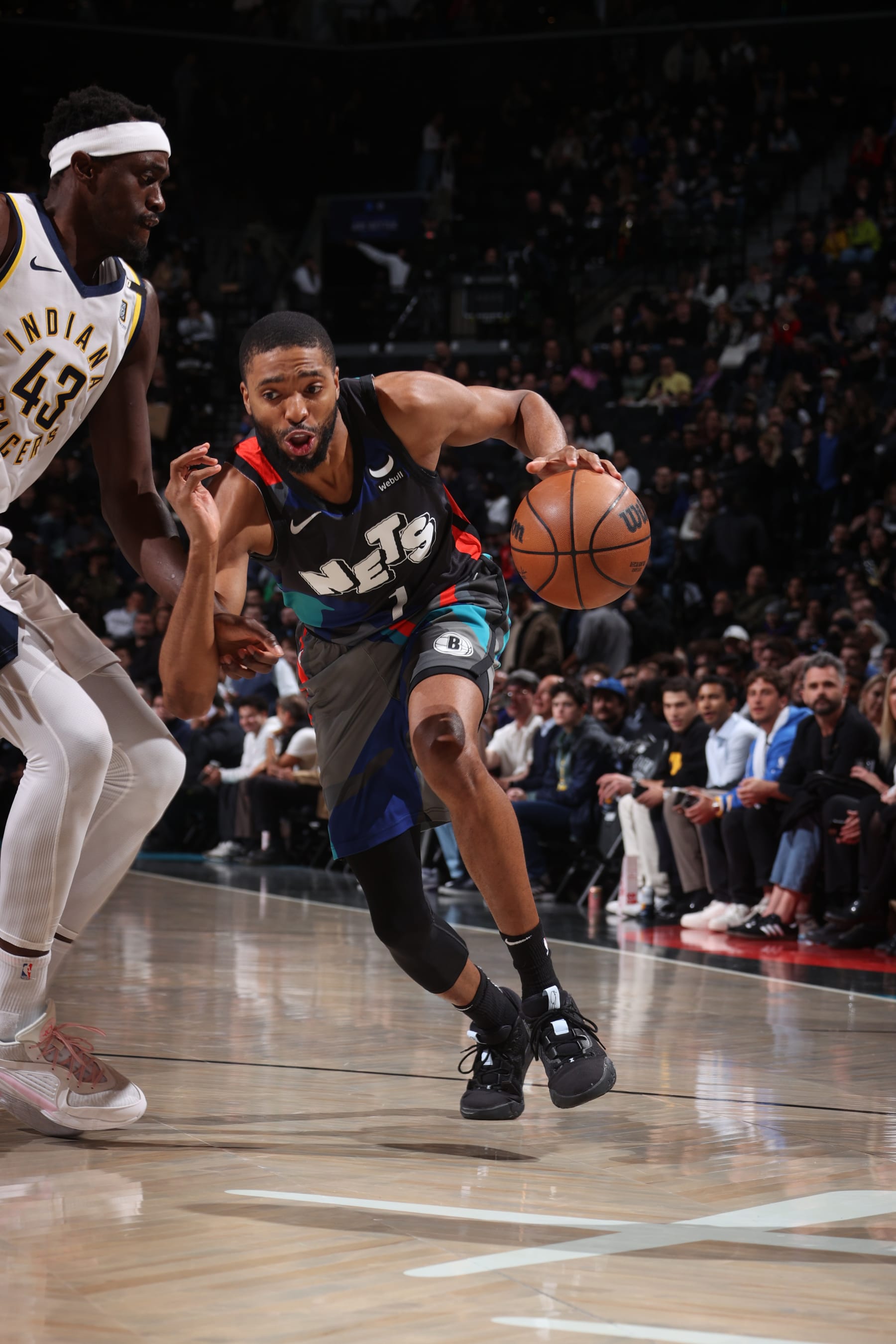 BROOKLYN, NY - APRIL 3: Mikal Bridges #1 of the Brooklyn Nets drives to the basket during the game against the Indiana Pacers on April 3, 2024 at Barclays Center in Brooklyn, New York. NOTE TO USER: User expressly acknowledges and agrees that, by downloading and or using this Photograph, user is consenting to the terms and conditions of the Getty Images License Agreement. Mandatory Copyright Notice: Copyright 2024 NBAE (Photo by Nathaniel S. Butler/NBAE via Getty Images)