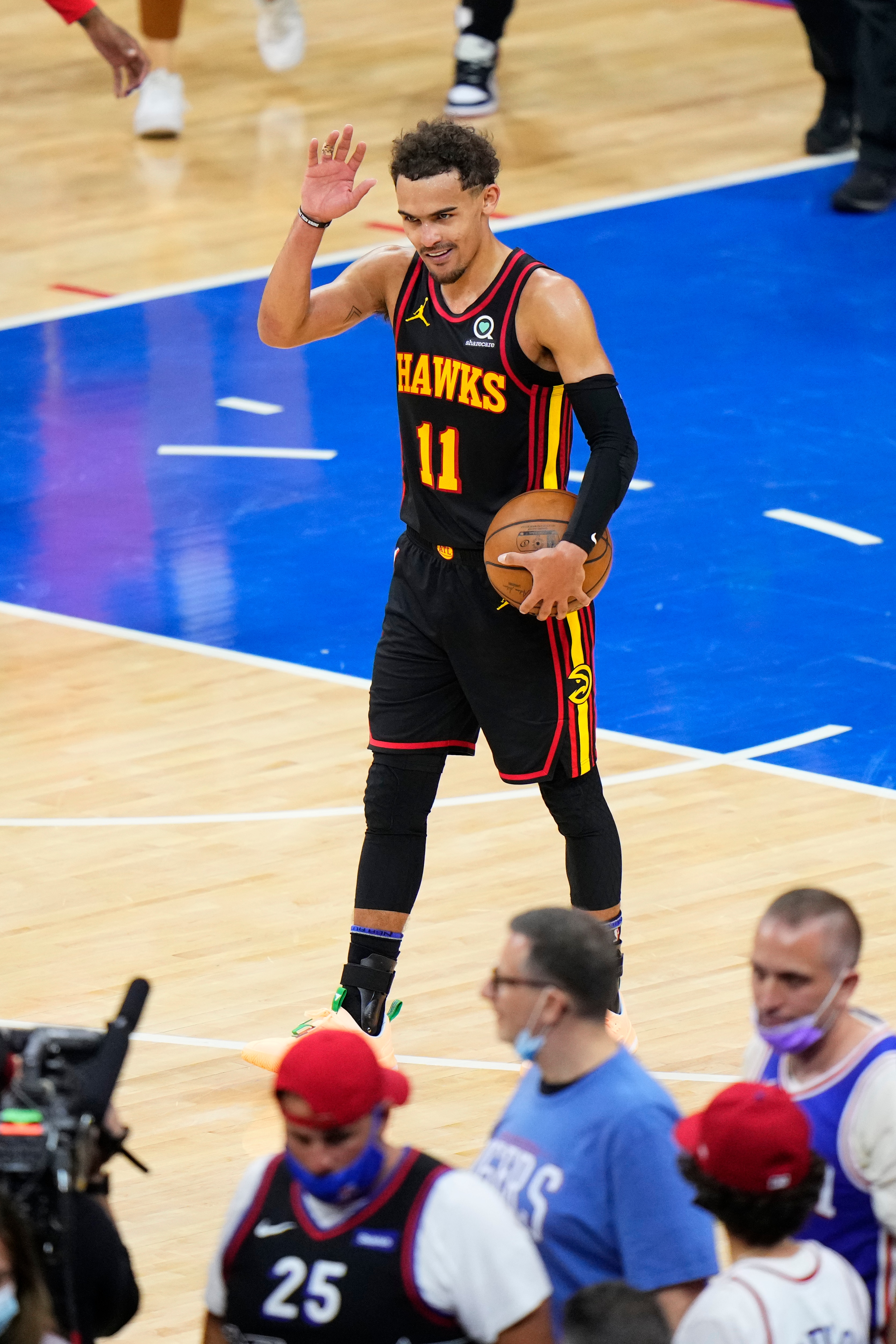 Atlanta Hawks' Trae Young plays during Game 7 in a second-round NBA basketball playoff series against the Philadelphia 76ers, Sunday, June 20, 2021, in Philadelphia. (AP Photo/Matt Slocum)