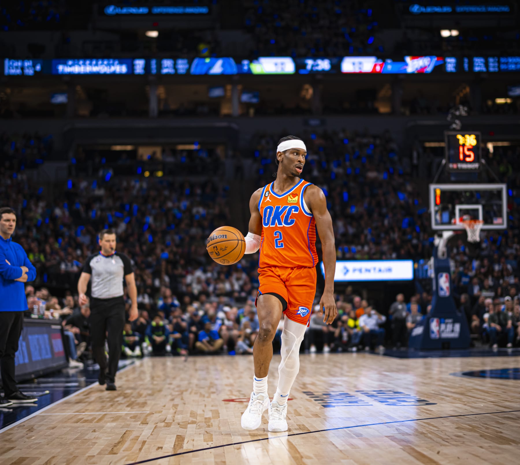 NEW ORLEANS, LA - APRIL 12: Shai Gilgeous-Alexander #2 of the Oklahoma City Thunder dribbles the ball during the game against the Minnesota Timberwolves during the 2023 Play-In Tournament on April 12, 2023 at the Smoothie King Center in New Orleans, Louisiana. NOTE TO USER: User expressly acknowledges and agrees that, by downloading and or using this Photograph, user is consenting to the terms and conditions of the Getty Images License Agreement. Mandatory Copyright Notice: Copyright 2023 NBAE (Photo by Zach Beeker/NBAE via Getty Images)