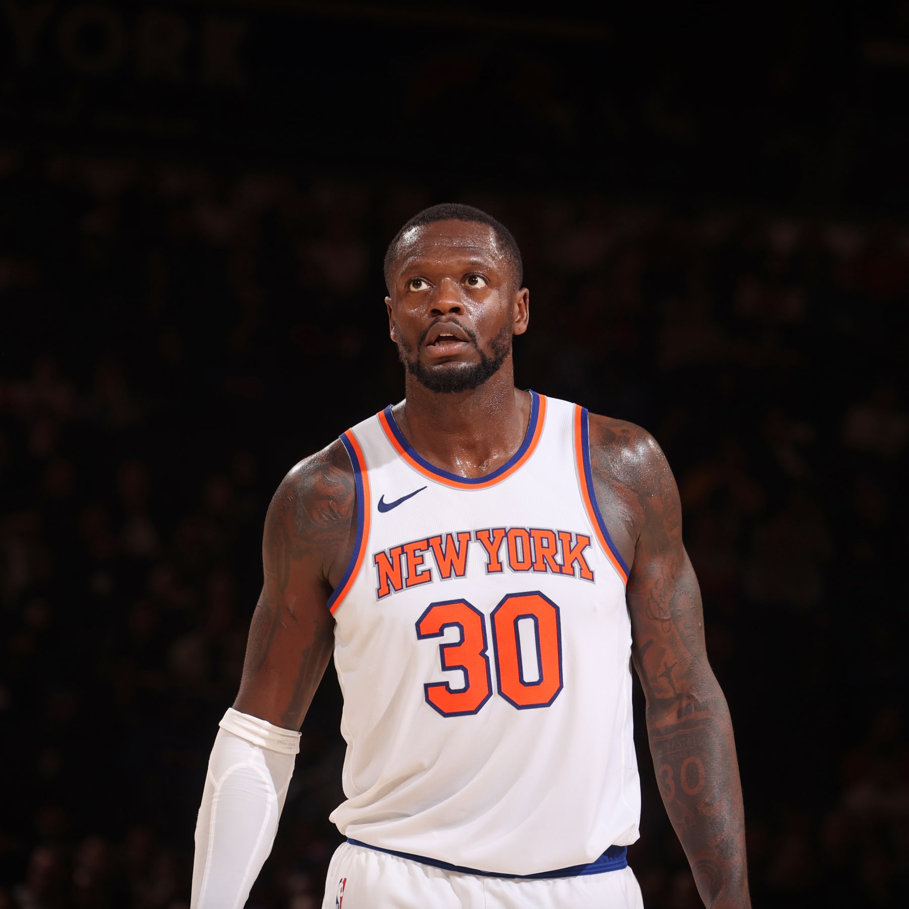 NEW YORK, NY - OCTOBER 18: Julius Randle #30 of the New York Knicks looks on during the game against the Washington Wizards on October 18, 2023 at Madison Square Garden in New York City, New York.  NOTE TO USER: User expressly acknowledges and agrees that, by downloading and or using this photograph, User is consenting to the terms and conditions of the Getty Images License Agreement. Mandatory Copyright Notice: Copyright 2023 NBAE  (Photo by Nathaniel S. Butler/NBAE via Getty Images)