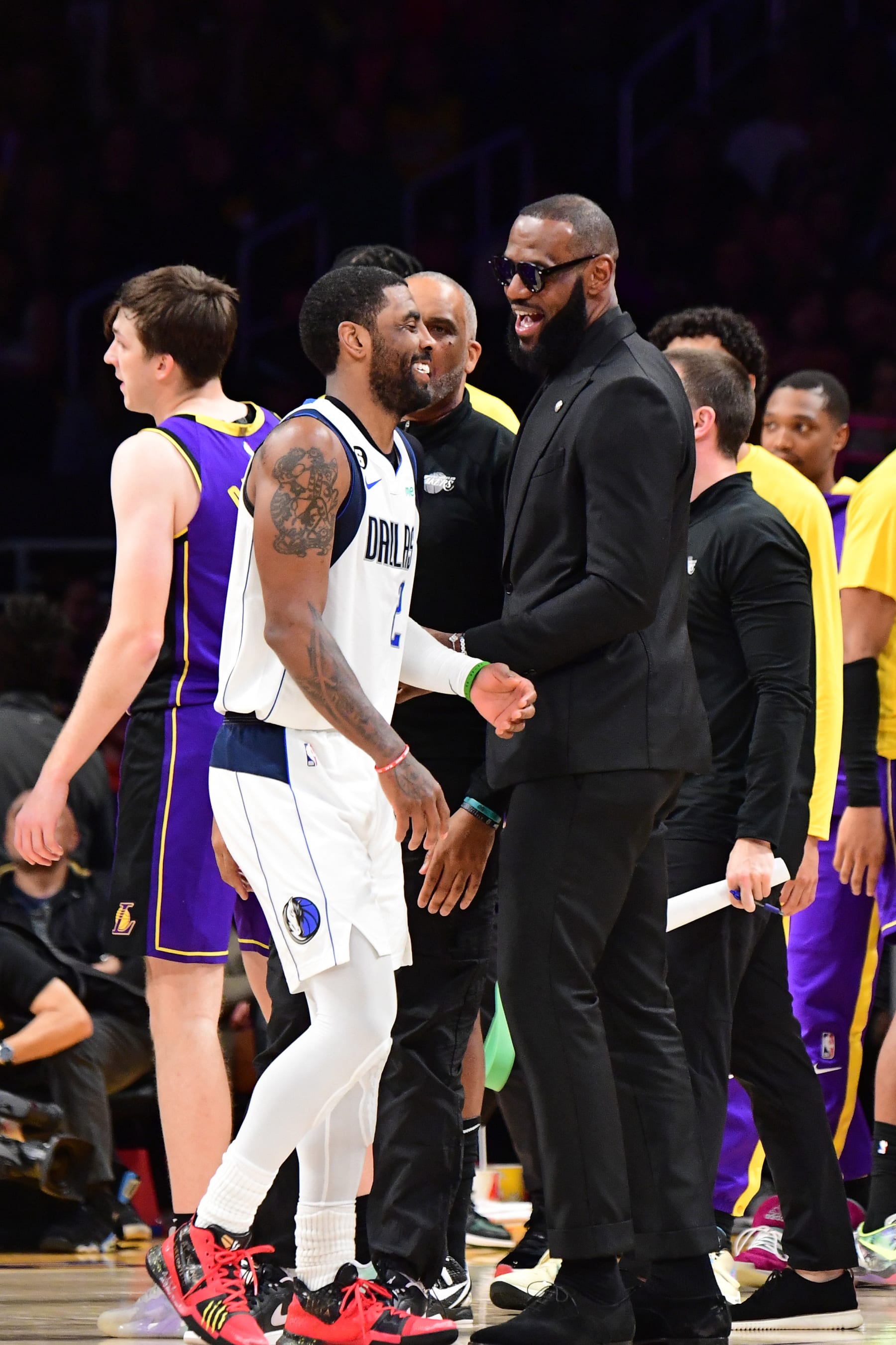 LOS ANGELES, CA -MARCH 17: LeBron James #6 of the Los Angeles Lakers talks with Kyrie Irving #2 of the Dallas Mavericks after the game against the Dallas Mavericks on March 17, 2023 at Crypto.Com Arena in Los Angeles, California. NOTE TO USER: User expressly acknowledges and agrees that, by downloading and/or using this Photograph, user is consenting to the terms and conditions of the Getty Images License Agreement. Mandatory Copyright Notice: Copyright 2023 NBAE (Photo by Adam Pantozzi/NBAE via Getty Images)