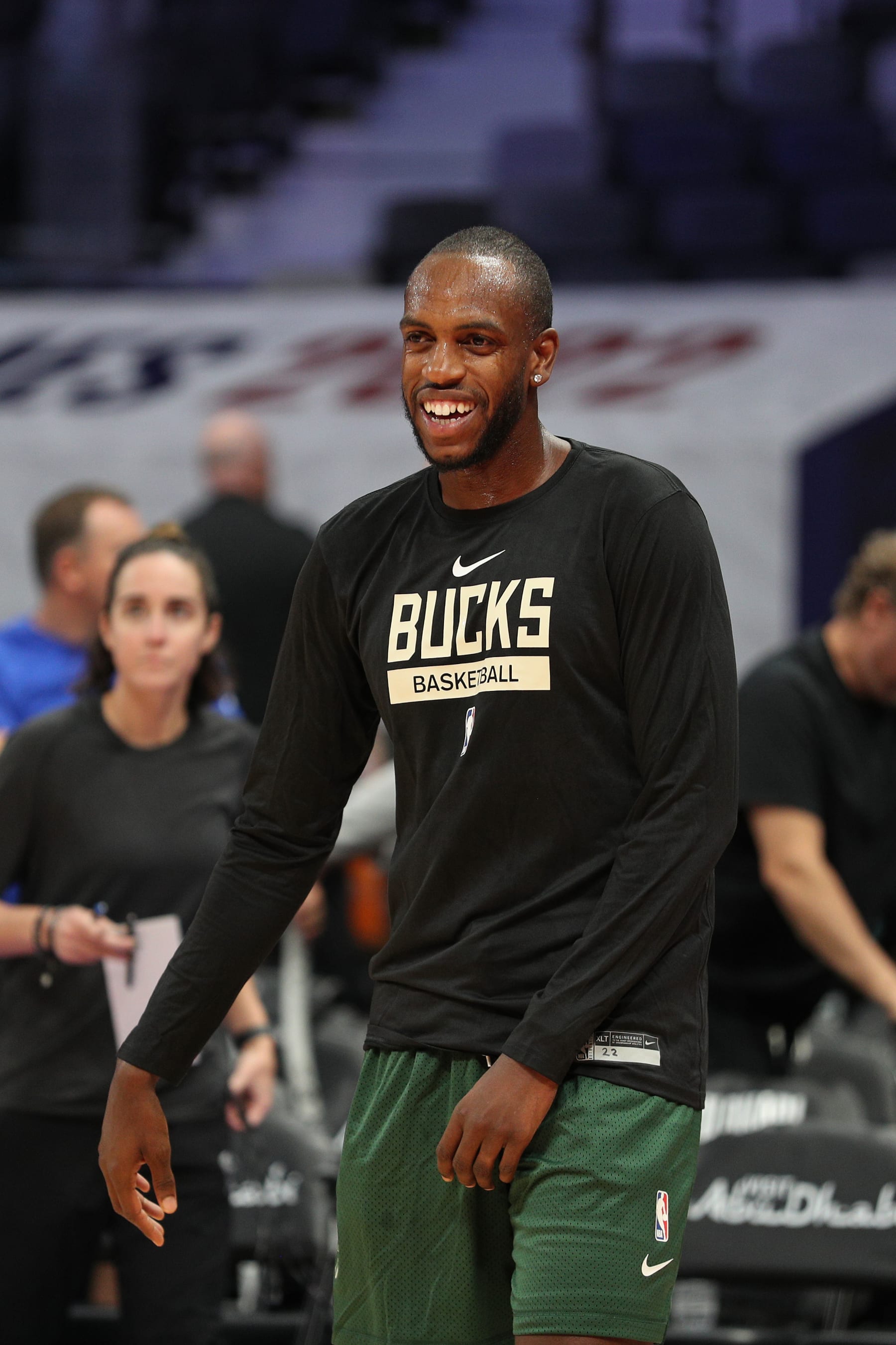 ABU DHABI, UAE - OCTOBER 5: Khris Middleton #22 of the Milwaukee Bucks smiles during practice and media availability as part of 2022 NBA Global Games Abu Dhabi at Etihad Arena on October 5, 2022 in Abu Dhabi, The United Arab Emirates. NOTE TO USER: User expressly acknowledges and agrees that, by downloading and/or using this Photograph, user is consenting to the terms and conditions of the Getty Images License Agreement. Mandatory Copyright Notice: Copyright 2022 NBAE (Photo by Chris Marion/NBAE via Getty Images)