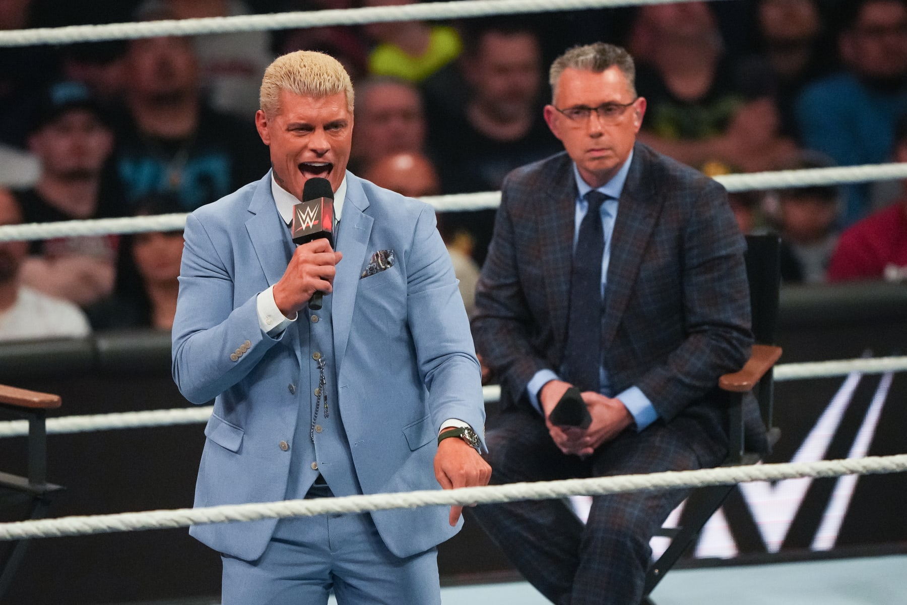 HOUSTON, TEXAS - MARCH 11: Cody Rhodes talks to the crowd during WWE Monday Night RAW at Toyota Center on March 11, 2024 in Houston, Texas. (Photo by Alex Bierens de Haan/Getty Images)
