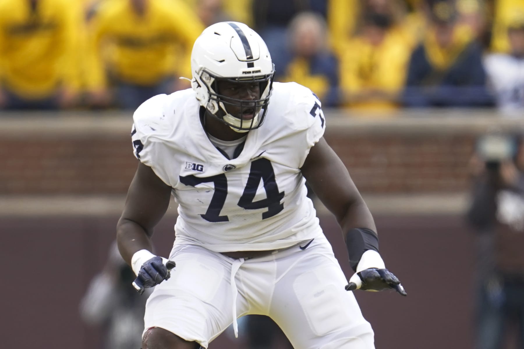 Penn State offensive lineman Olumuyiwa Fashanu (74) plays against Michigan in the second half of an NCAA college football game in Ann Arbor, Mich., Saturday, Oct. 15, 2022. (AP Photo/Paul Sancya)